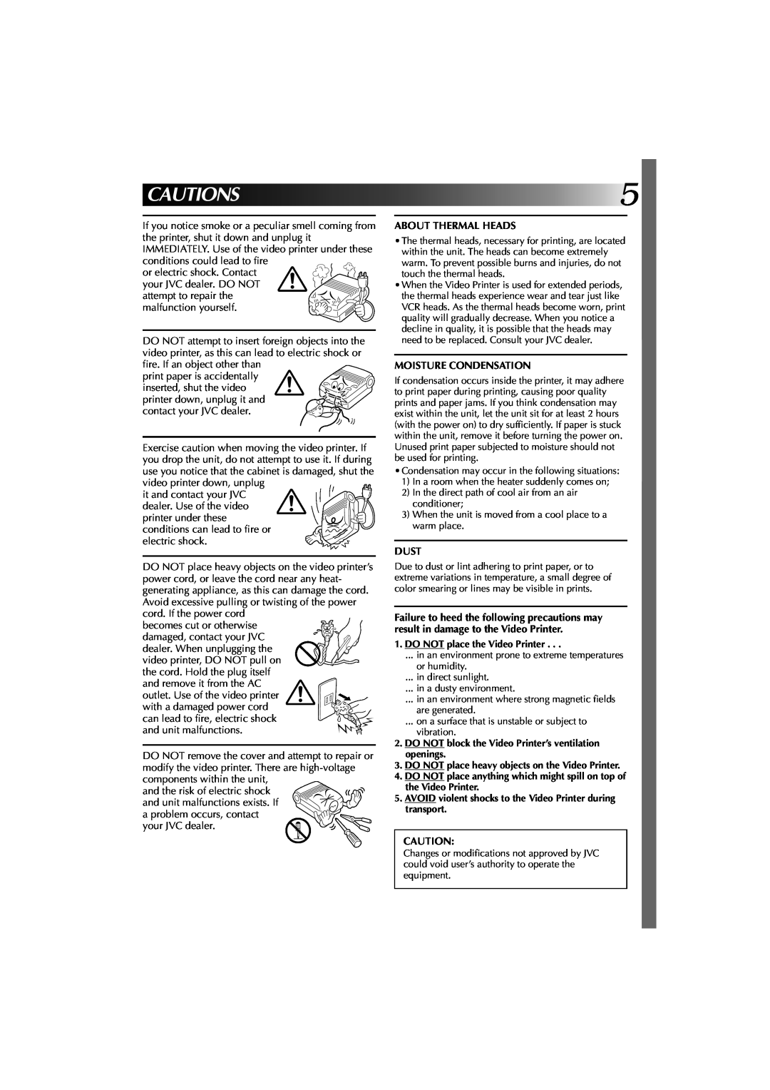 JVC GV-PT1 manual Cautions, About Thermal Heads, Moisture Condensation, Dust 