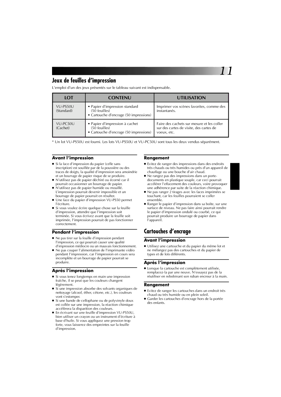 JVC GV-PT1U manual Jeux de feuilles d’impression, Cartouches d’encrage, LOT Contenu Utilisation 