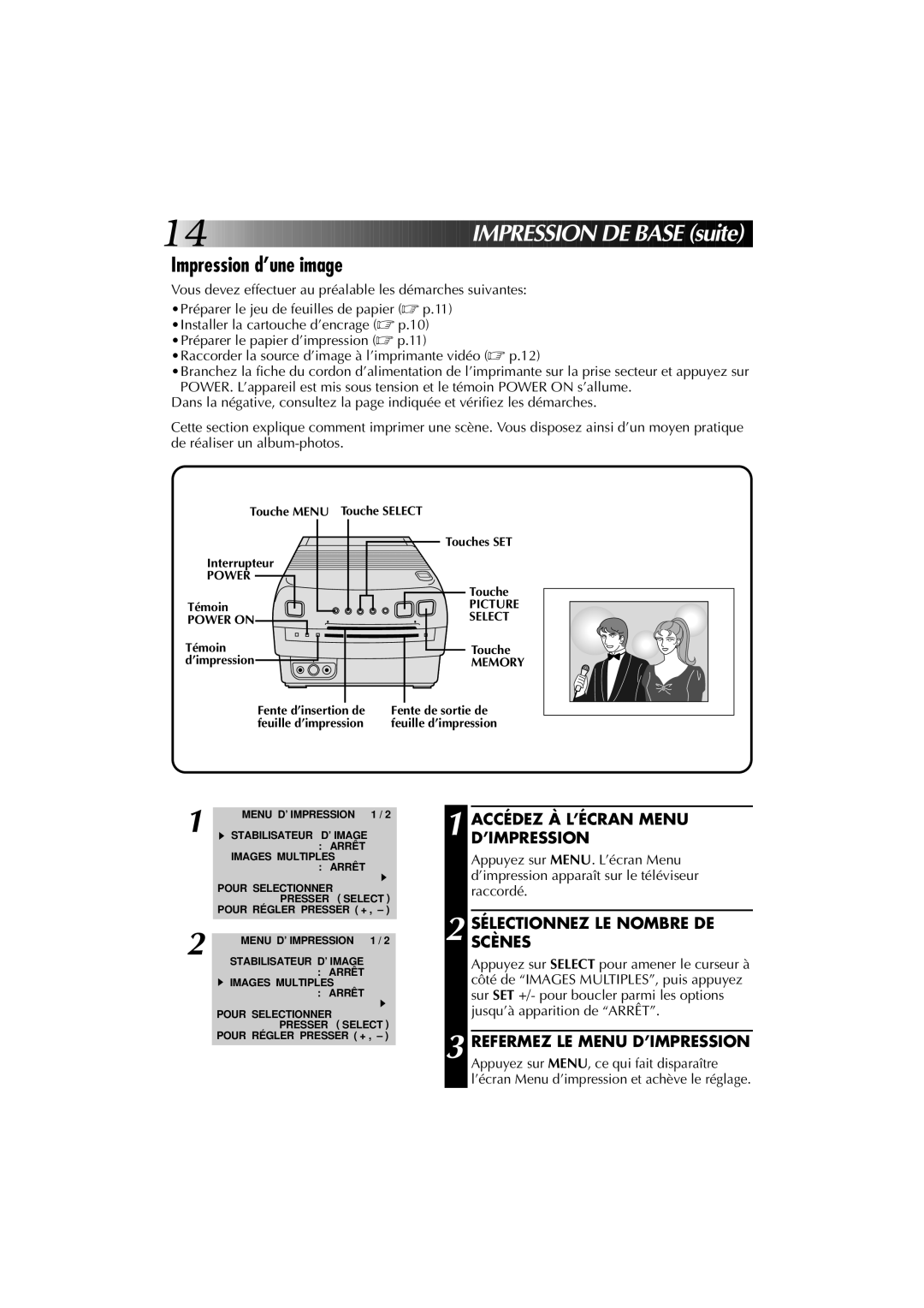 JVC GV-PT1U manual Impression d’une image, Accédez À L’ÉCRAN Menu D’IMPRESSION, Sélectionnezscènes LE Nombre DE 