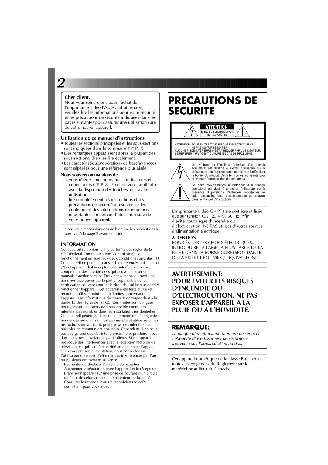 JVC GV-PT1U manual Cher client, Nous vous recommandons de… 