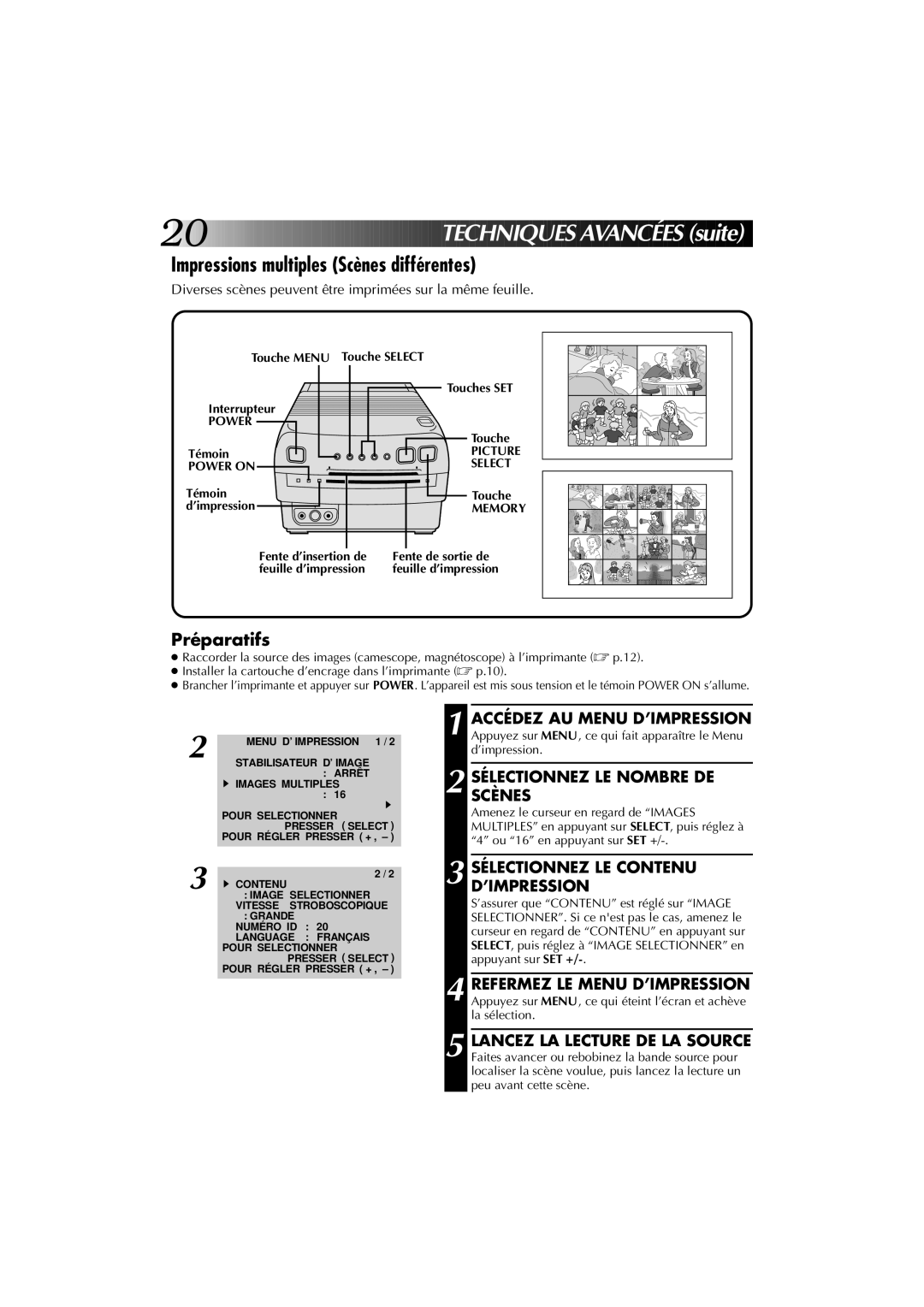 JVC GV-PT1U manual Impressions multiples Scènes différentes, Touche Menu Touche Select 