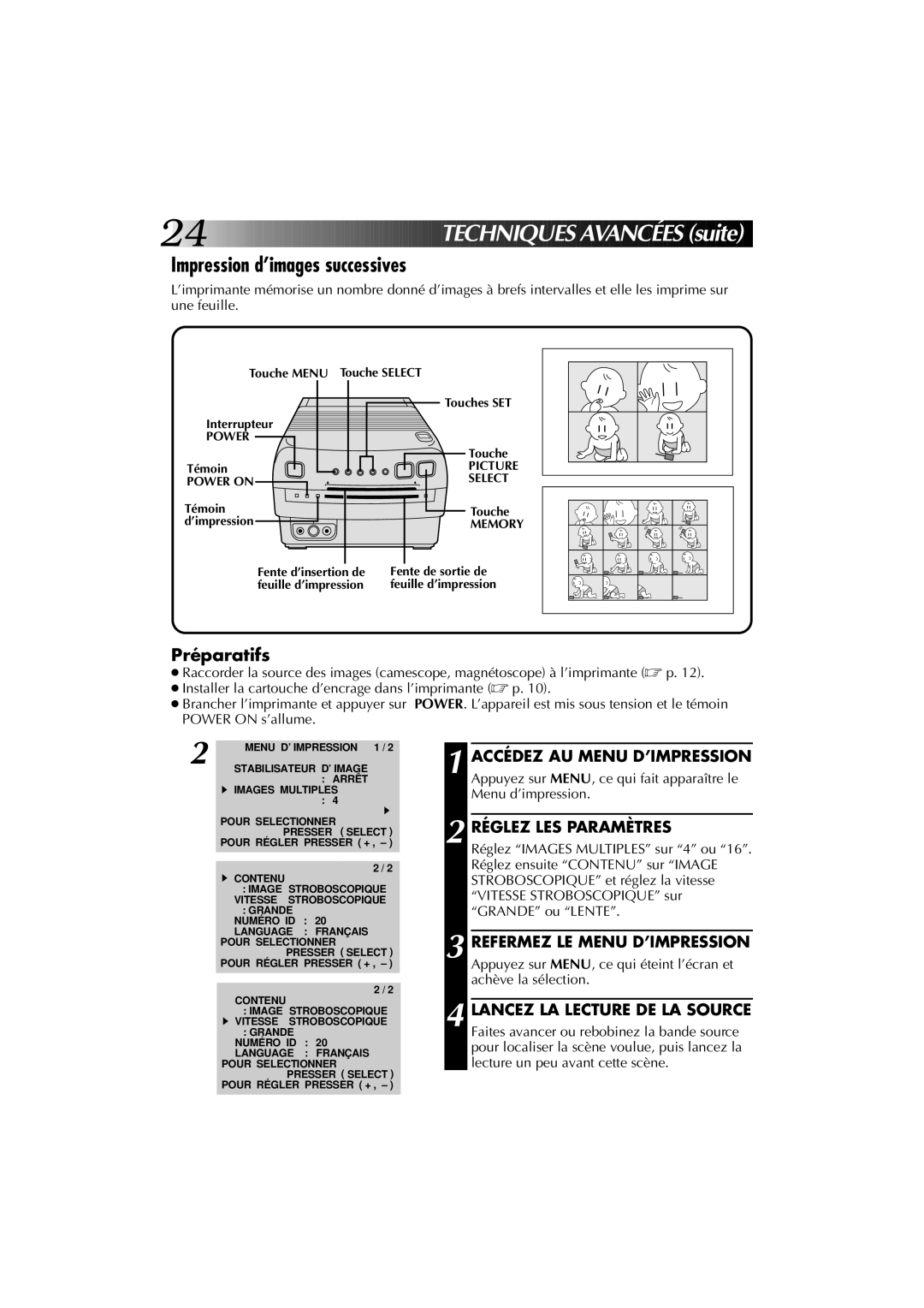 JVC GV-PT1U manual Impression d’images successives, Réglez LES Paramètres, Touche Menu Touche Select Interrupteur 