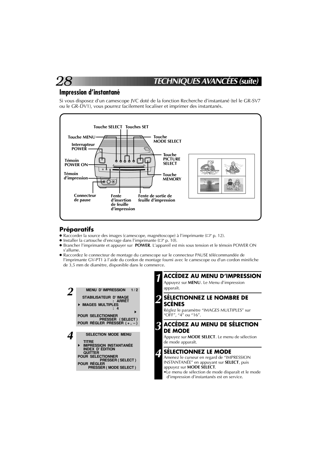 JVC GV-PT1U manual Impression d’instantané, Touche Menu Interrupteur 