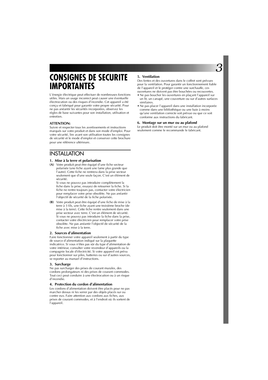 JVC GV-PT1U manual Mise à la terre et polarisation, Sources d’alimentation, Surcharge, Protection du cordon d’alimentation 