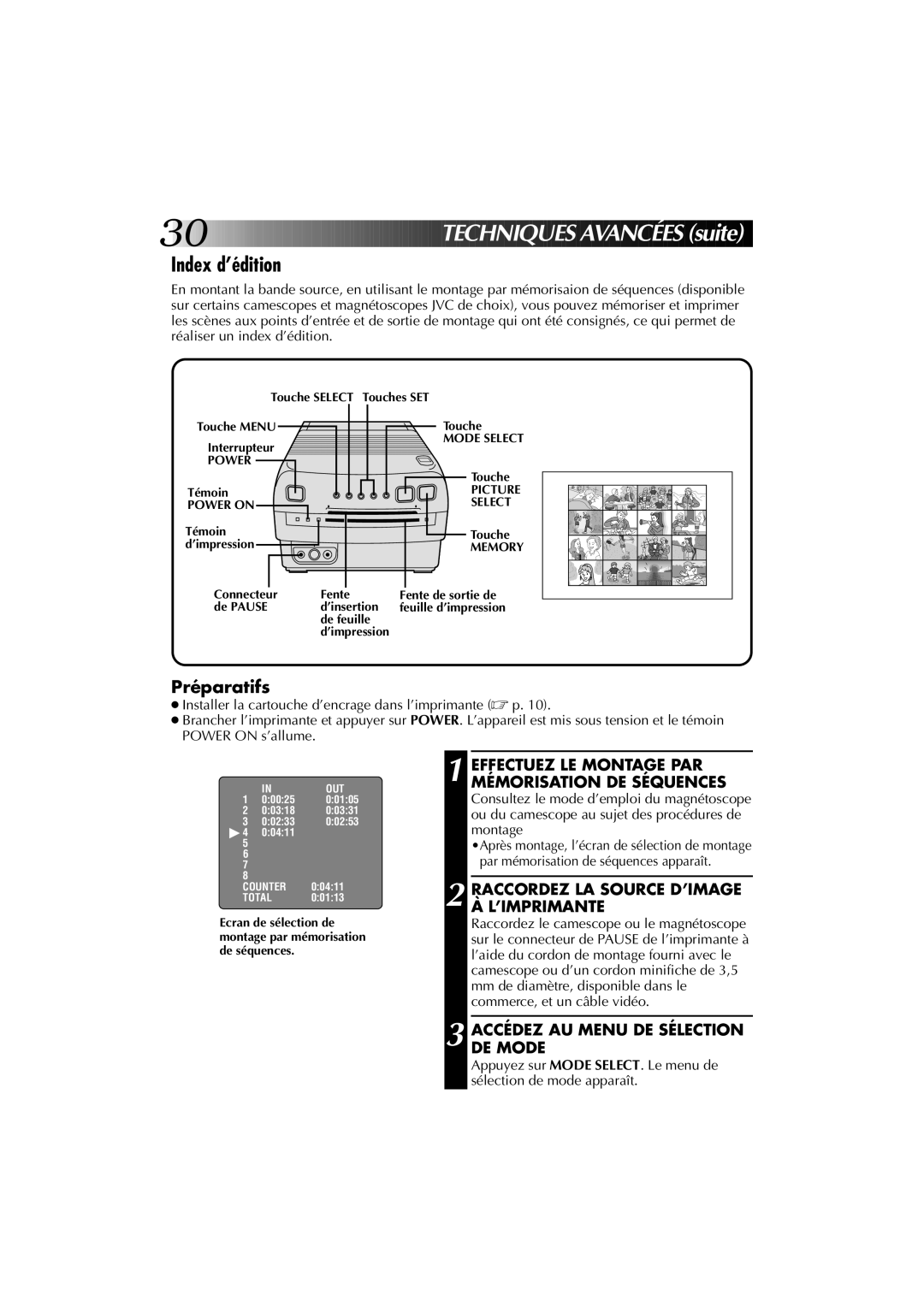 JVC GV-PT1U manual Index d’édition, Effectuez LE Montage PAR Mémorisation DE Séquences 