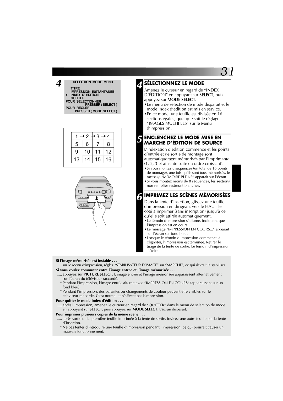 JVC GV-PT1U manual Enclenchez LE Mode Mise EN Marche D’ÉDITION DE Source, Pour quitter le mode Index d’édition 