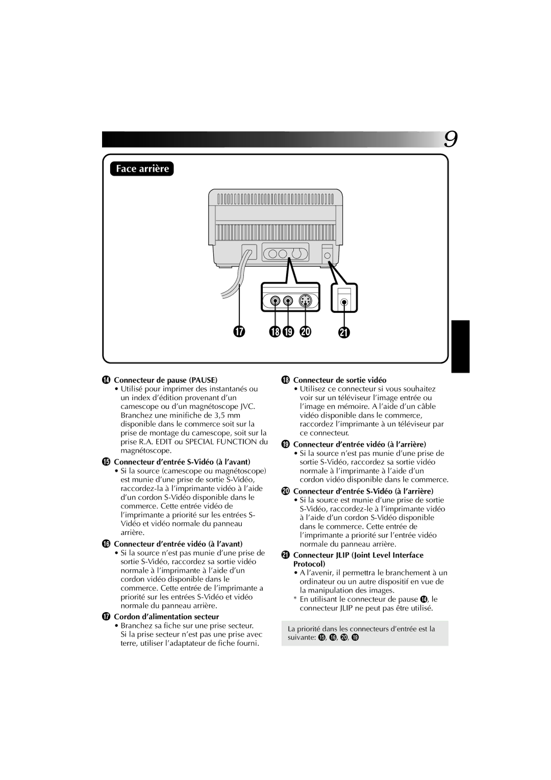 JVC GV-PT1U manual $ Connecteur de pause Pause, Connecteur d’entrée S-Vidéo à l’avant, Connecteur d’entrée vidéo à l’avant 