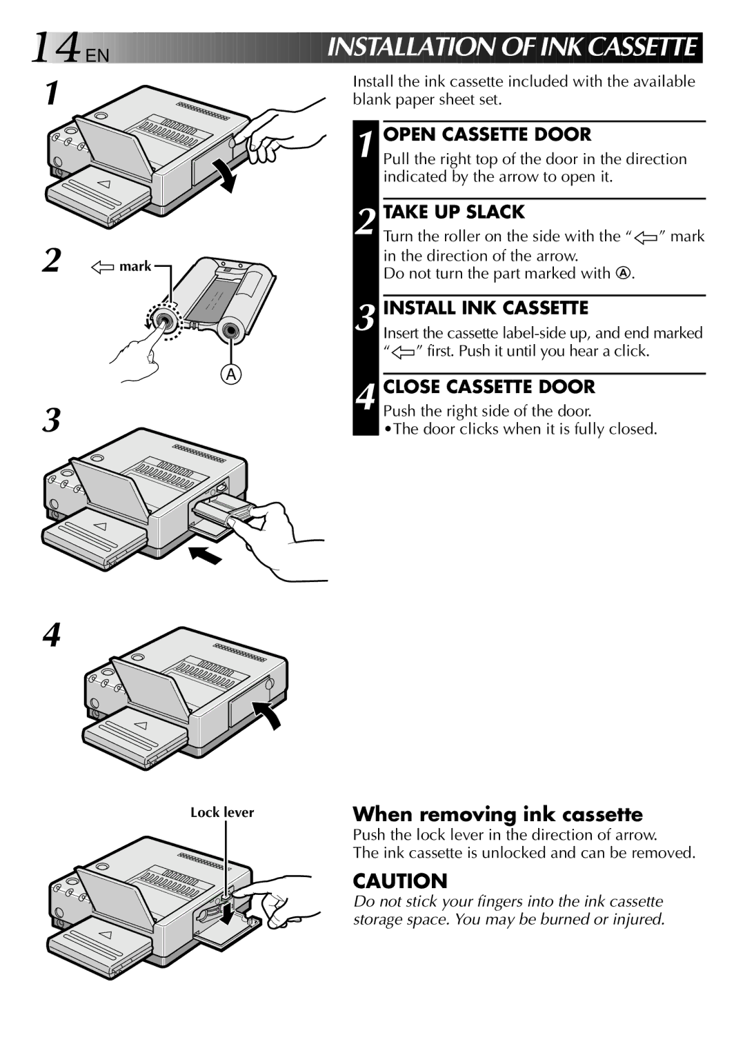 JVC GV-PT2 manual 14 EN, When removing ink cassette 