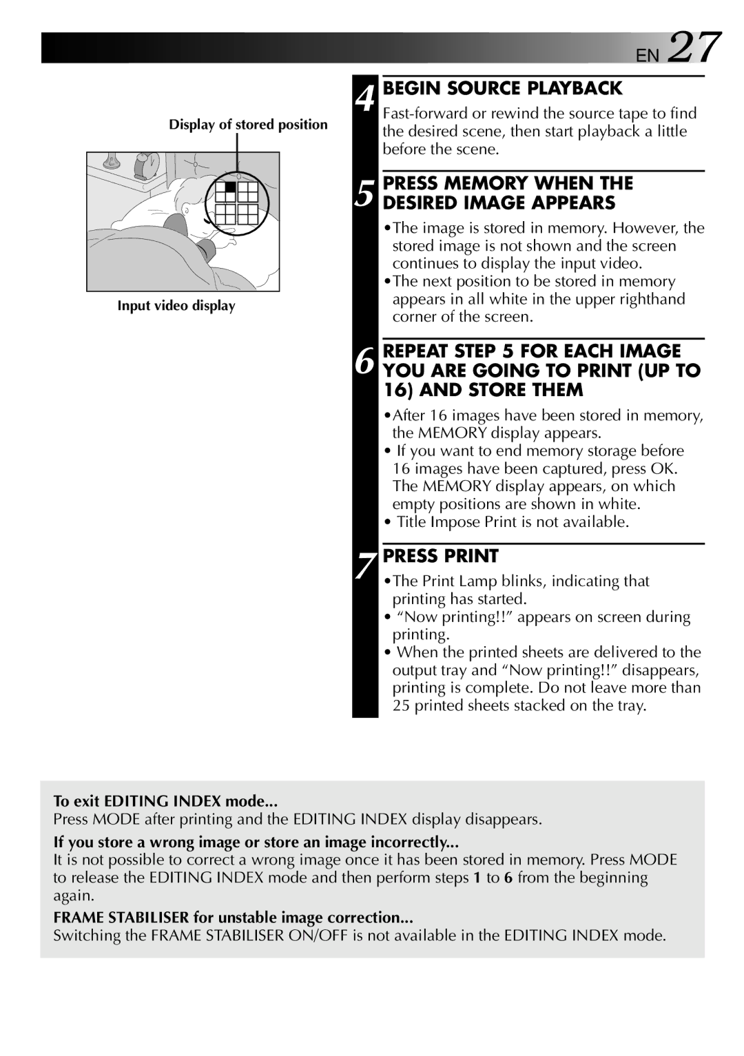 JVC GV-PT2 Press Memory When the Desired Image Appears, Title Impose Print is not available, To exit Editing Index mode 