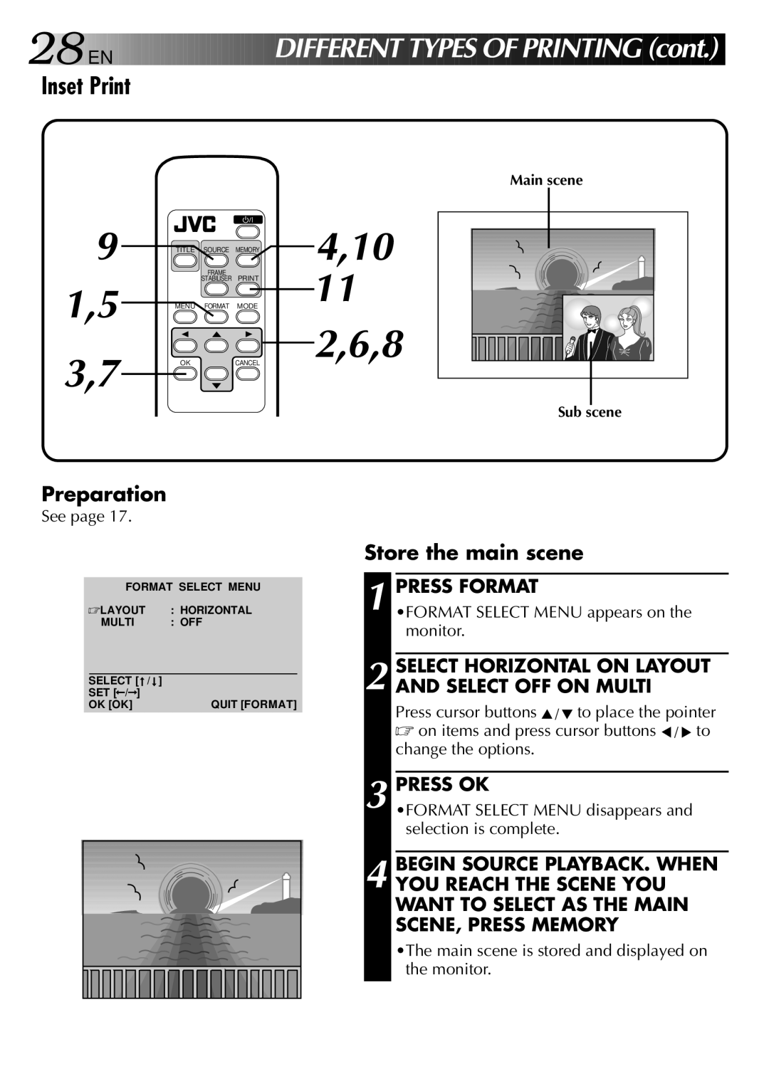 JVC GV-PT2 manual 28 EN, Inset Print, Store the main scene, Select Horizontal on Layout and Select OFF on Multi 