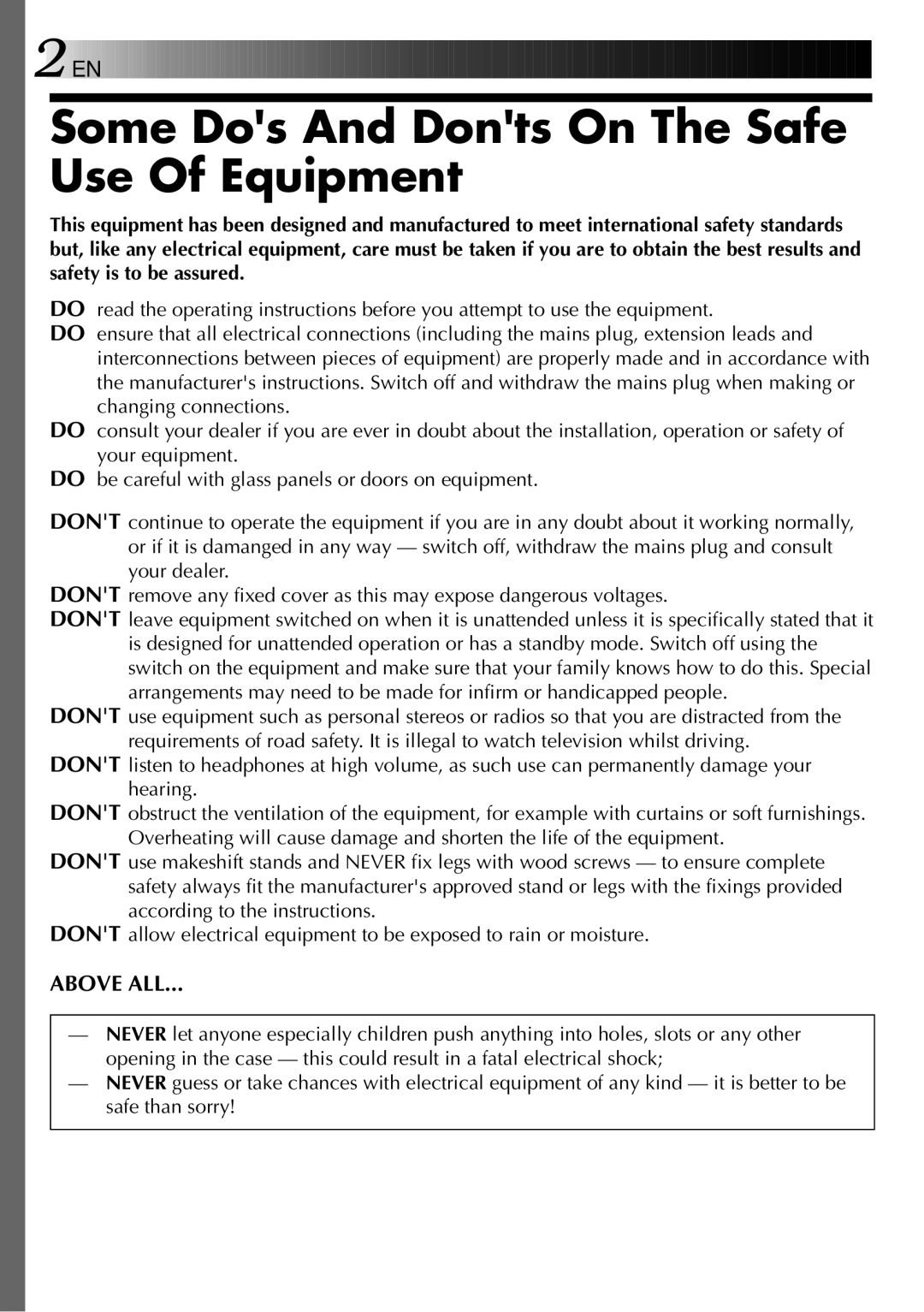 JVC GV-PT2 manual Some Dos And Donts On The Safe Use Of Equipment, Above ALL 