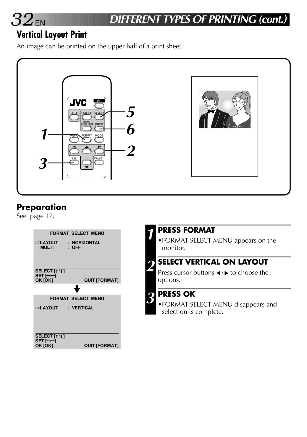 JVC GV-PT2 manual 32 EN, Vertical Layout Print, Select Vertical on Layout 