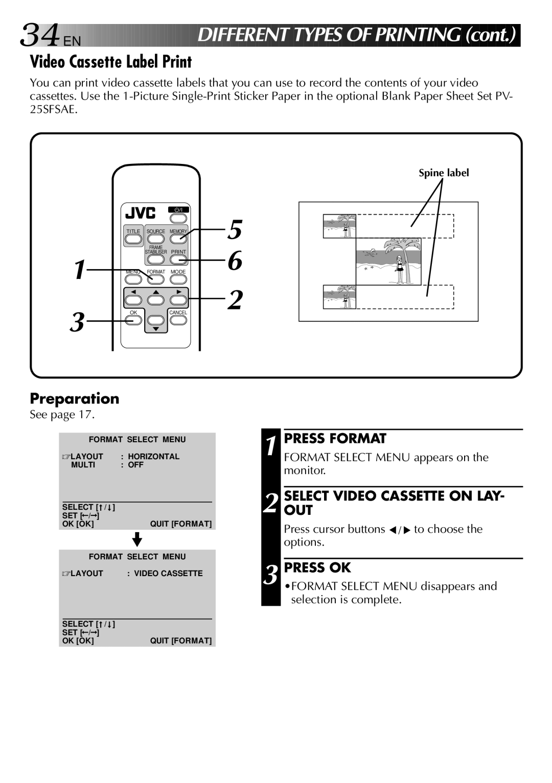 JVC GV-PT2 manual 34 EN, Video Cassette Label Print, Selectout Video Cassette on LAY 