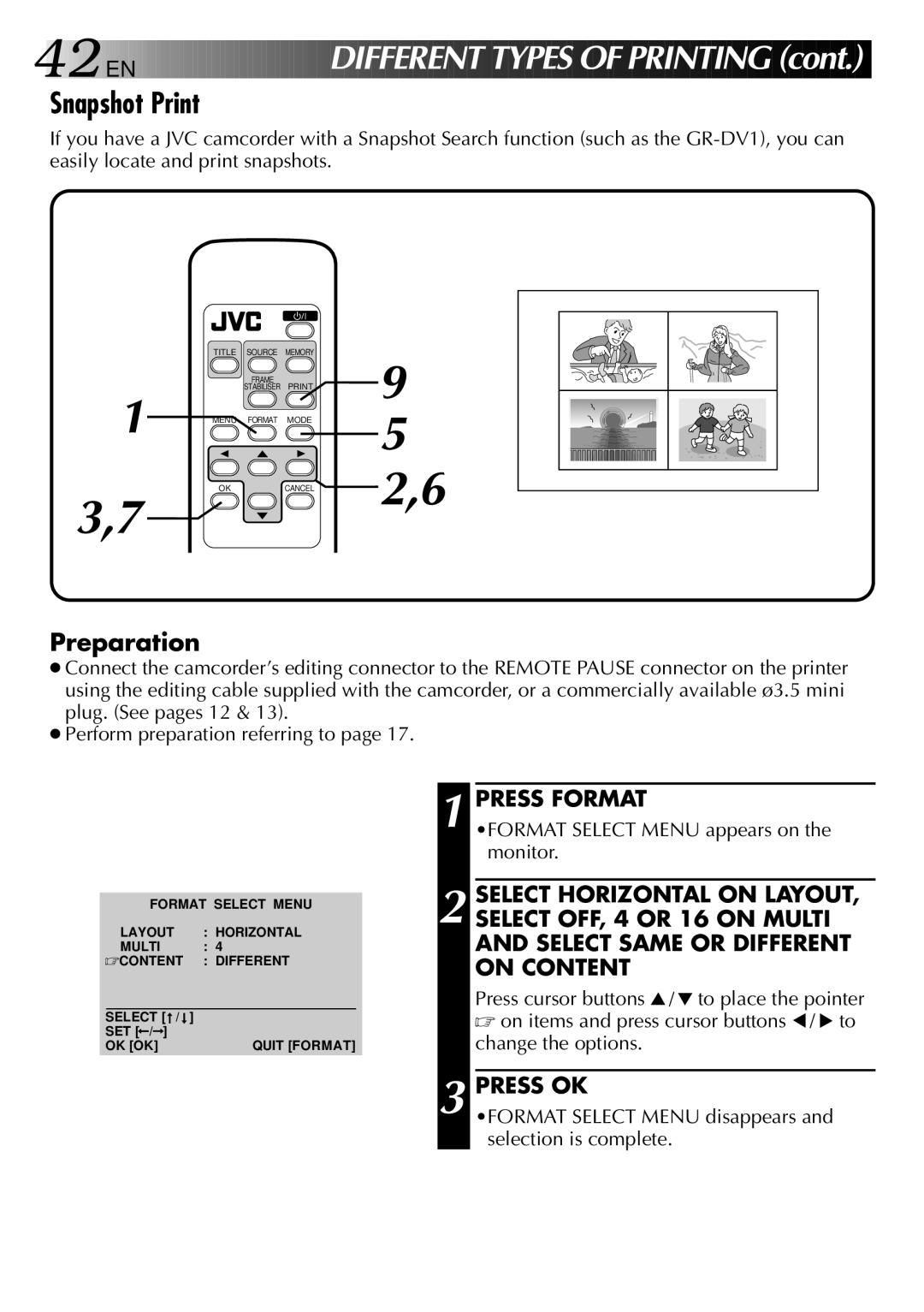 JVC GV-PT2 manual 42 EN, Snapshot Print 