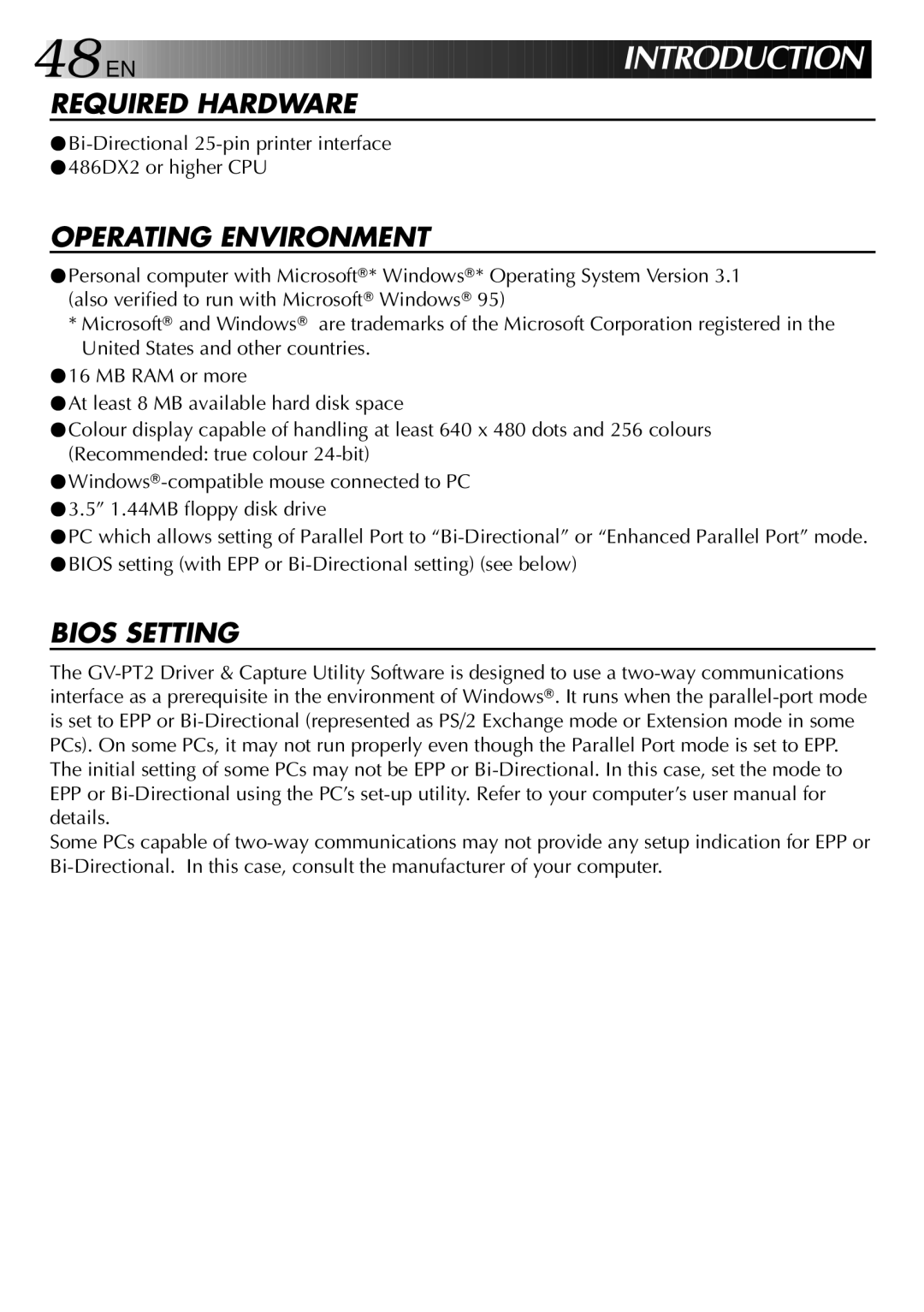 JVC GV-PT2 manual EN Introd Uction, Bi-Directional 25-pin printer interface 486DX2 or higher CPU 