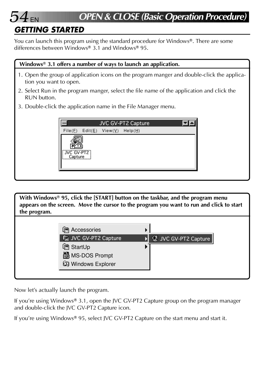 JVC GV-PT2 manual 54 EN, Windows 3.1 offers a number of ways to launch an application 