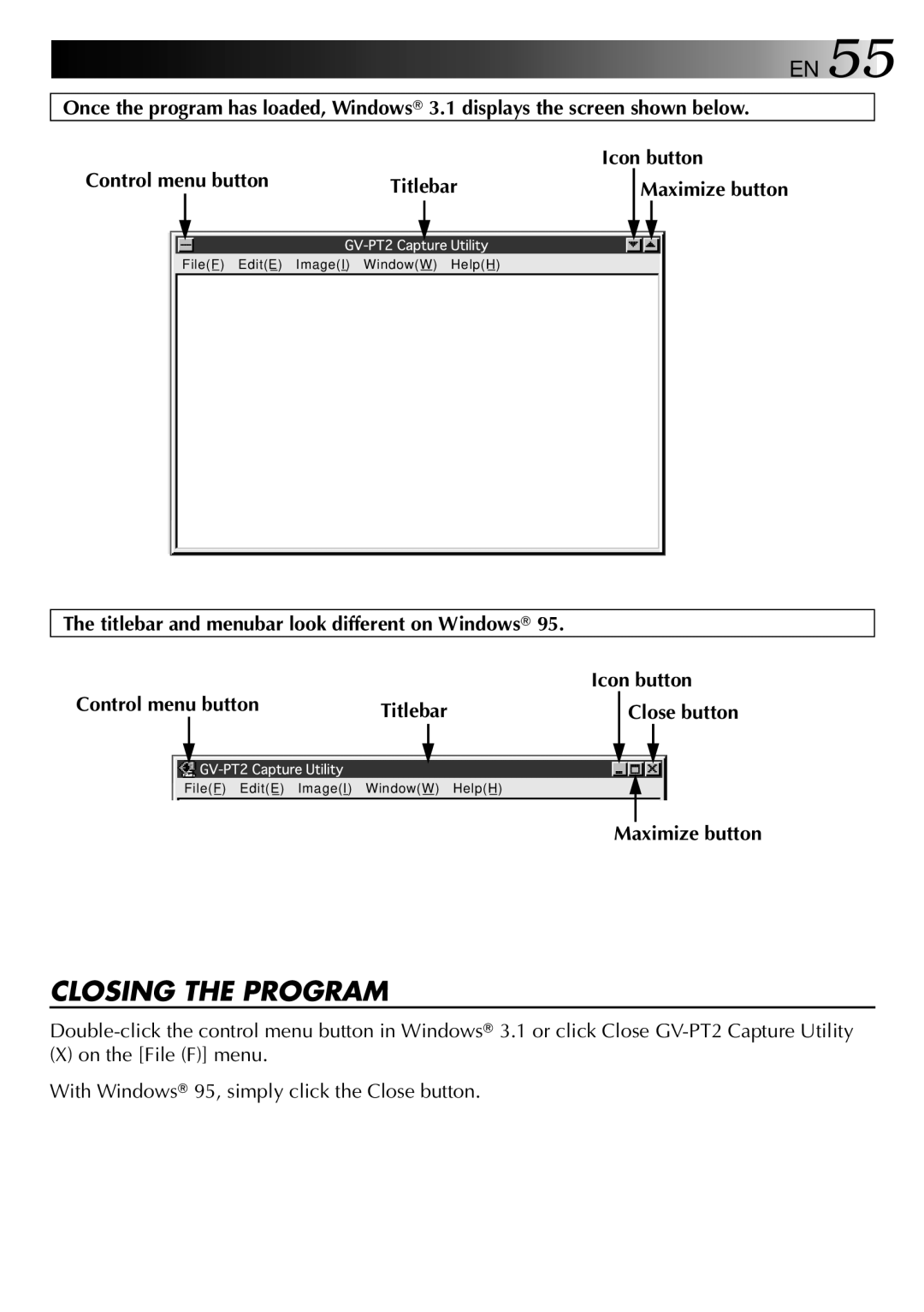 JVC GV-PT2 manual Closing the Program, Maximize button 