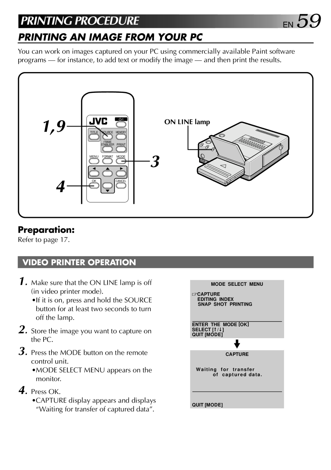 JVC GV-PT2 manual Printing Procedure, Press OK 