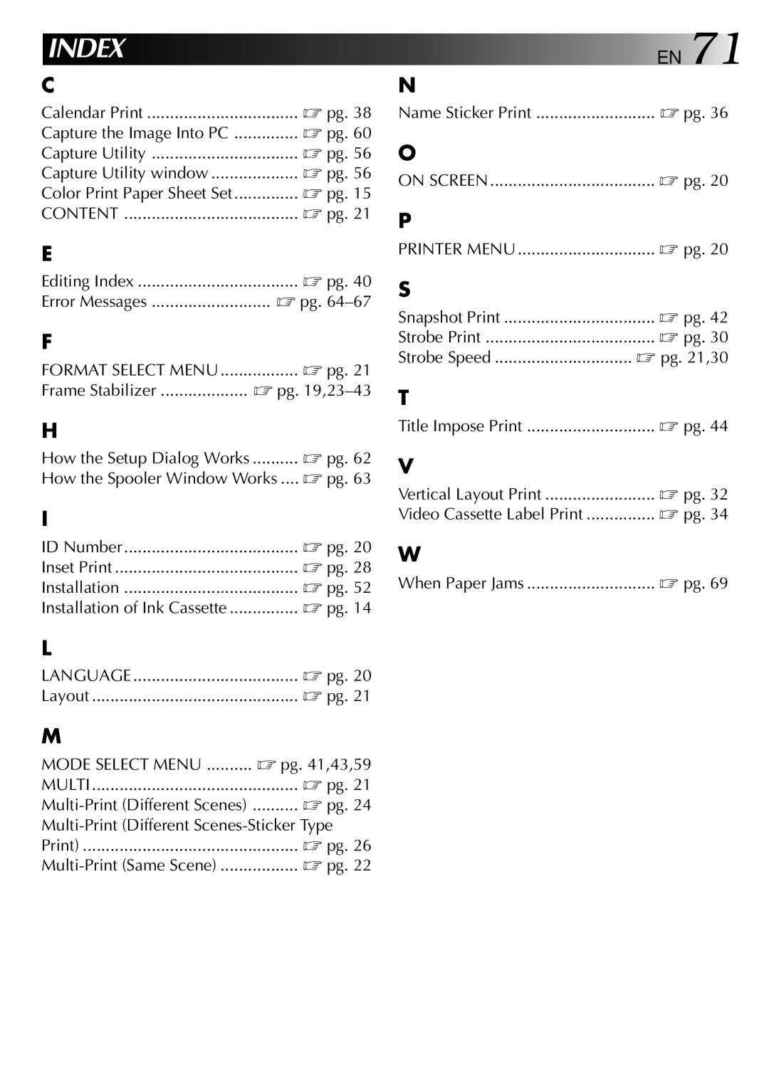 JVC GV-PT2 Error Messages, Pg ,23-43, Layout, Pg ,43,59, Multi-Print Different Scenes-Sticker Type, Strobe Speed Pg ,30 