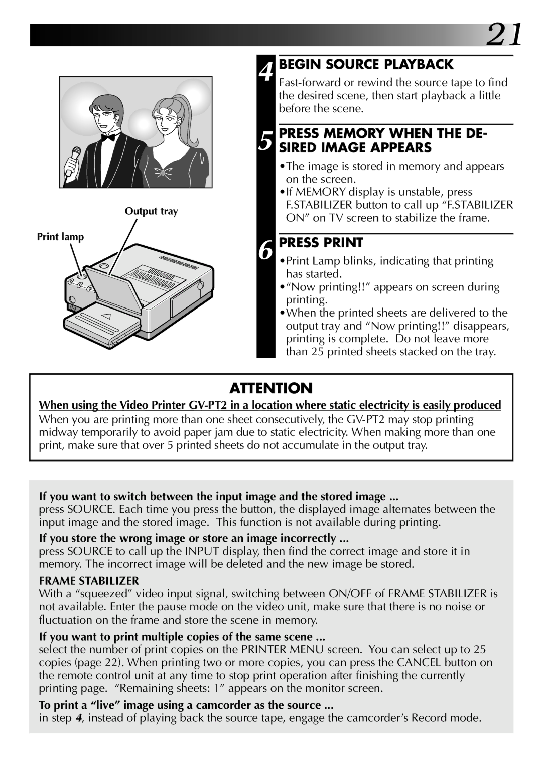 JVC GV-PT2U manual Press Memory When the DE, Sired Image Appears, Press Print 