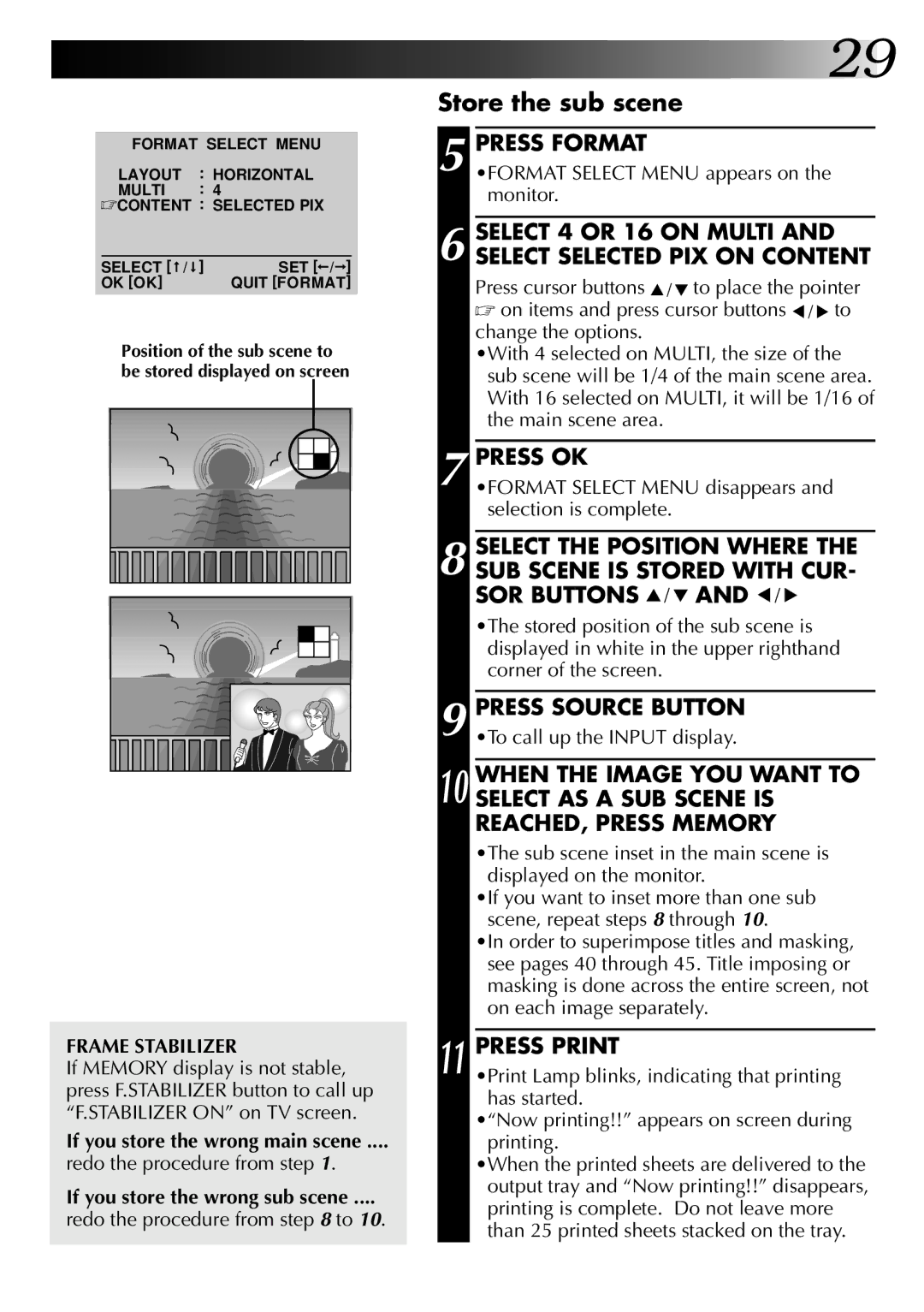 JVC GV-PT2U manual Store the sub scene, Select 4 or 16 on Multi and Select Selected PIX on Content 