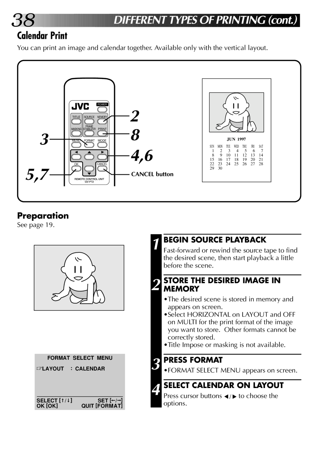 JVC GV-PT2U manual Calendar Print, Store the Desired Image in Memory 