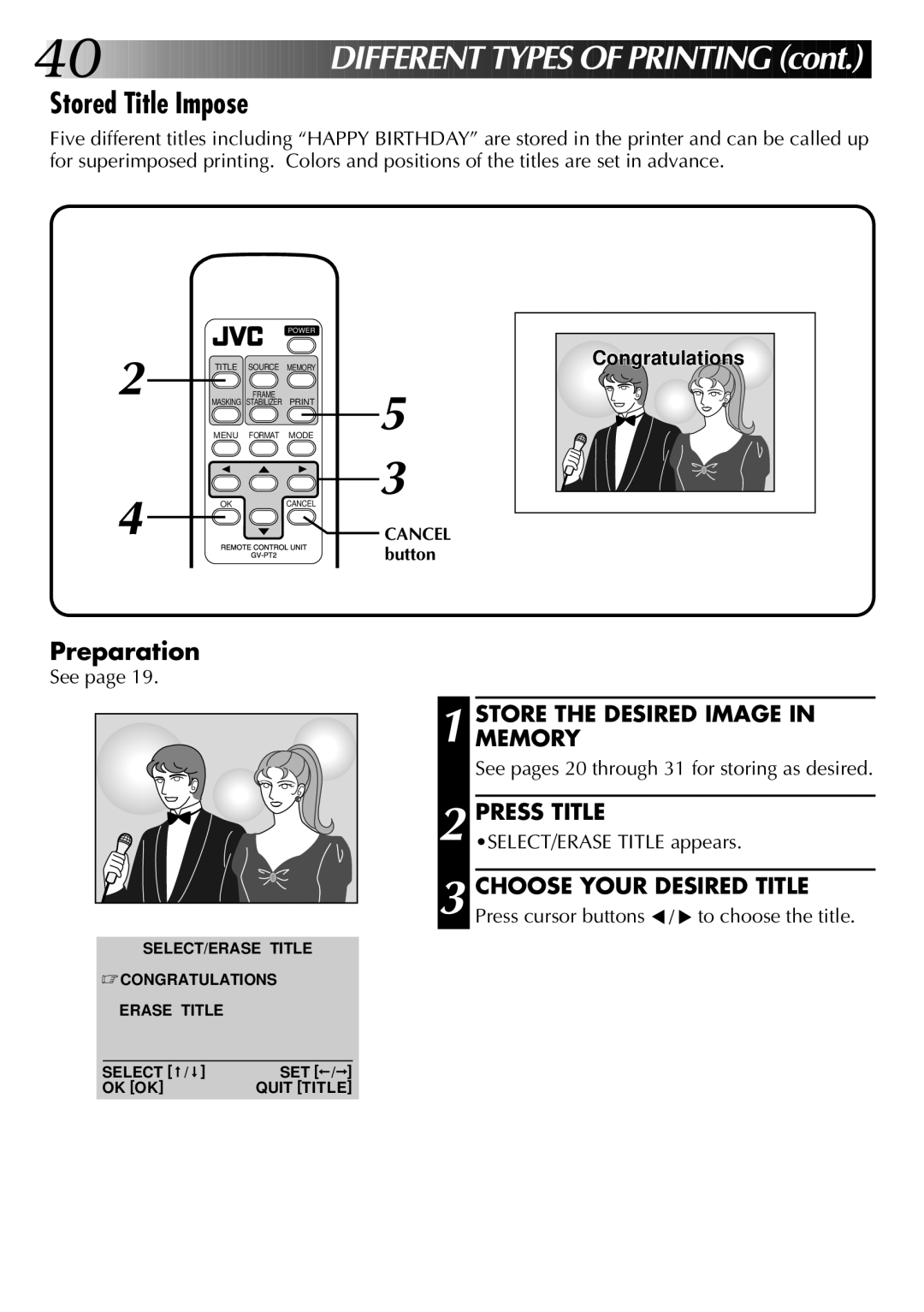 JVC GV-PT2U manual Stored Title Impose, Press Title, Choose Your Desired Title 