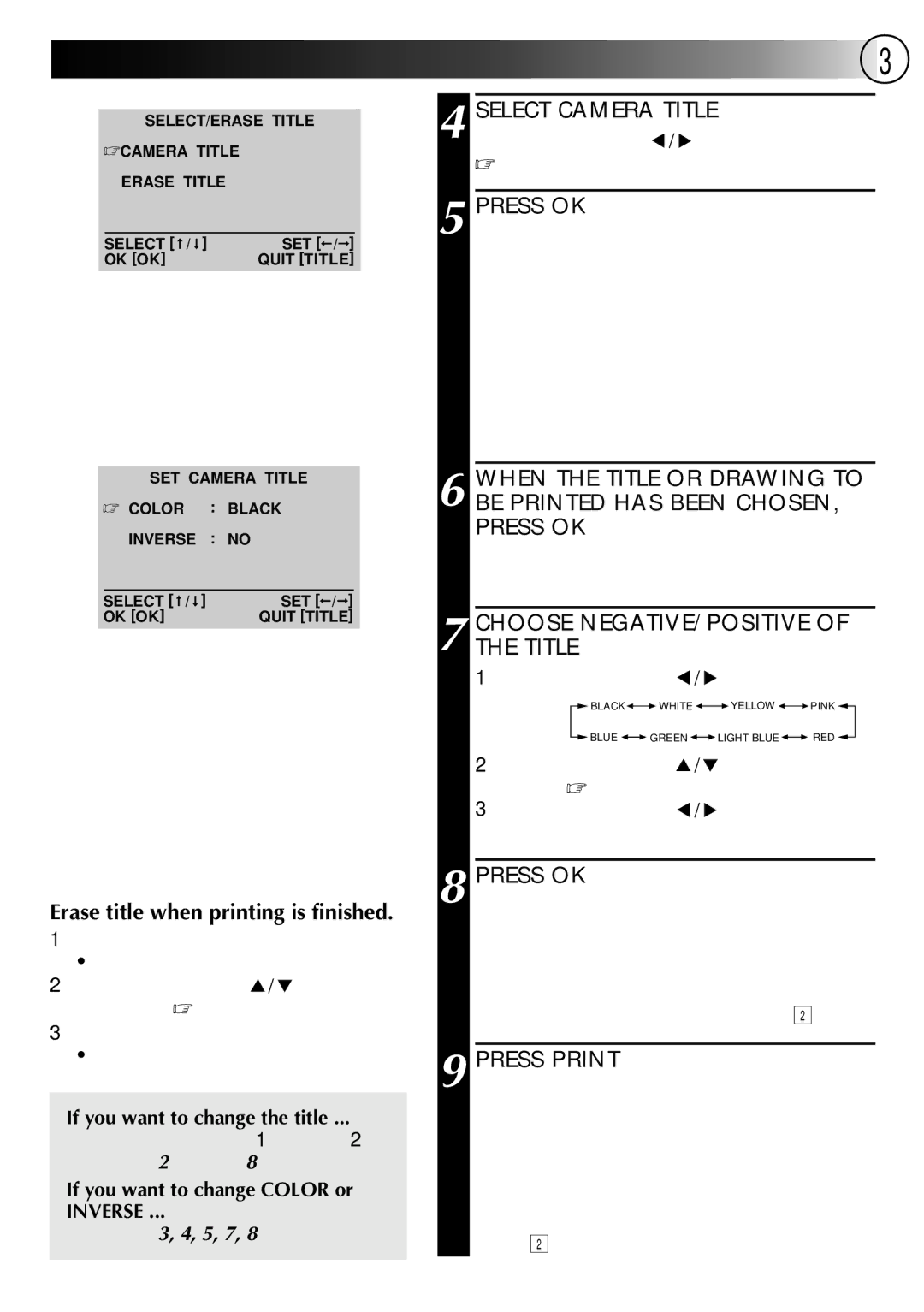 JVC GV-PT2U manual Select Camera Title, Choose NEGATIVE/POSITIVE of the Title, Erase title when printing is finished 