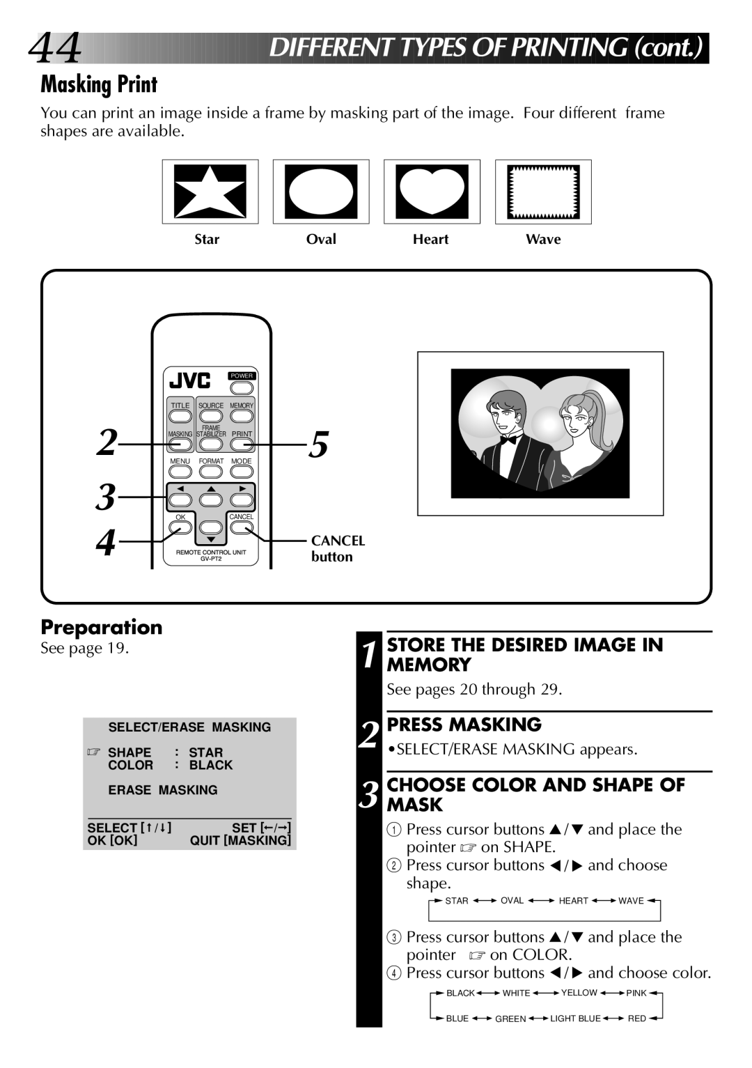 JVC GV-PT2U manual Masking Print, Choosemask Color and Shape, See pages 20 through 