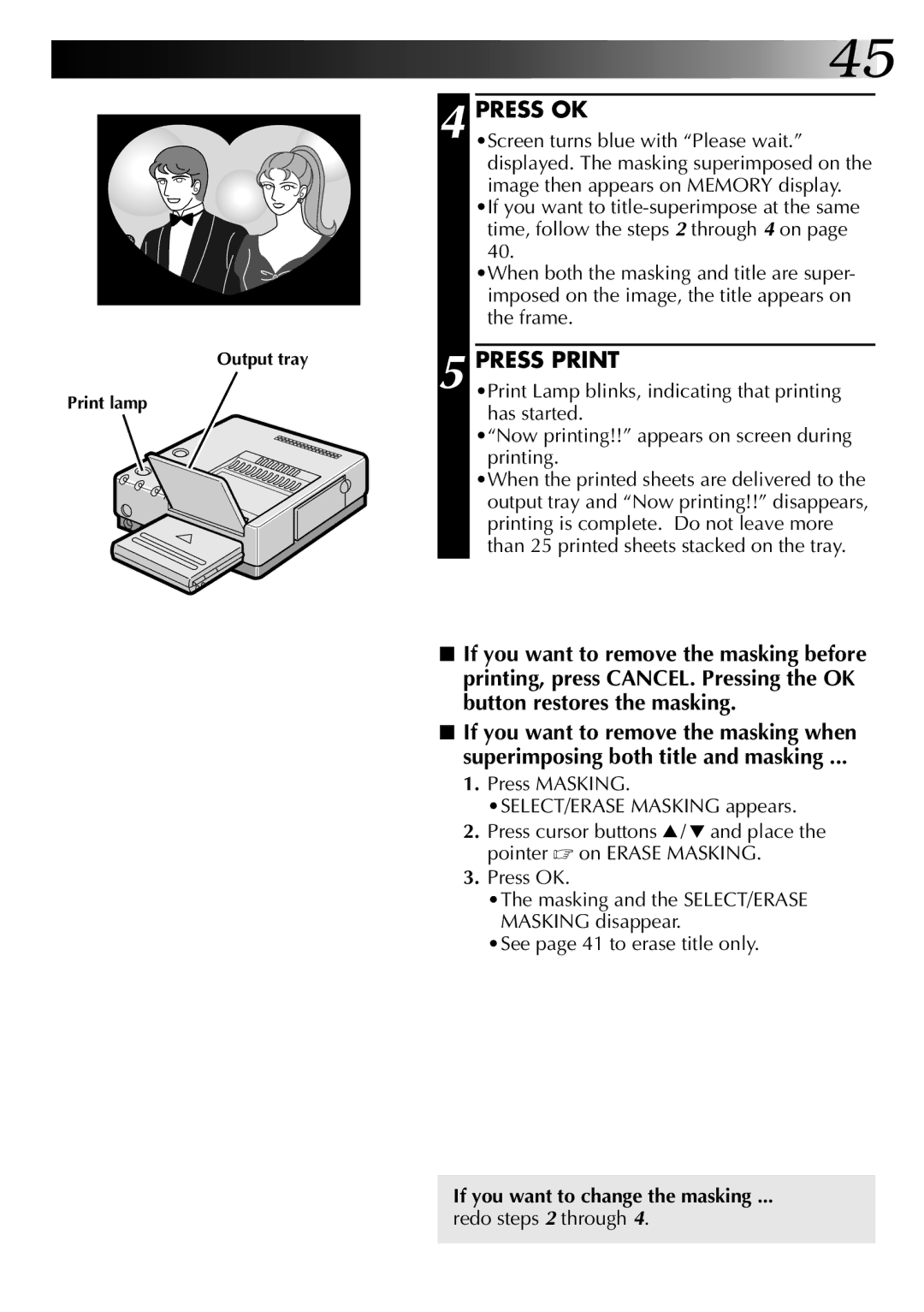 JVC GV-PT2U manual See page 41 to erase title only, If you want to change the masking, Redo steps 2 through 