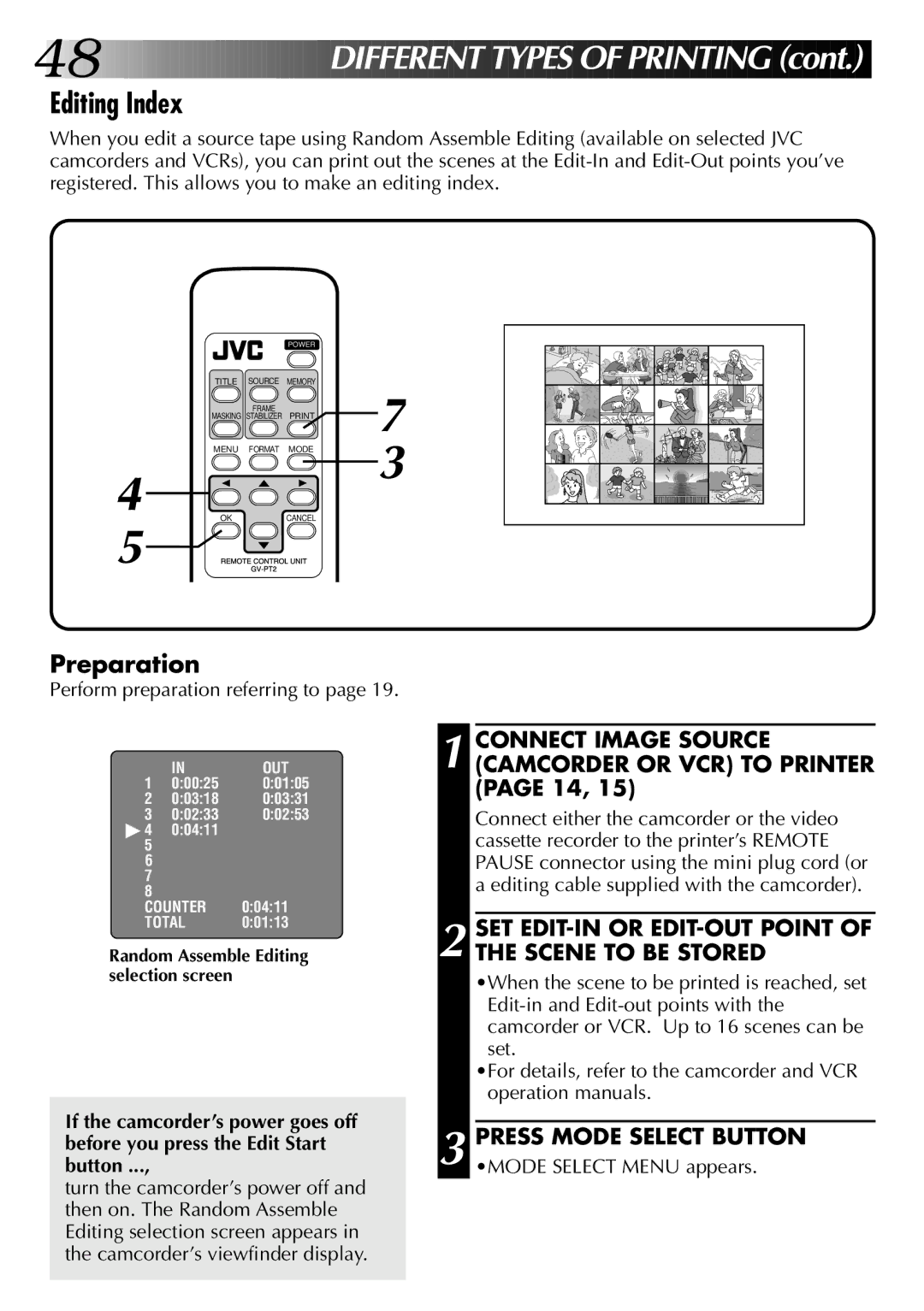 JVC GV-PT2U manual Editing Index, Connect Image Source Camcorder or VCR to Printer page 14 