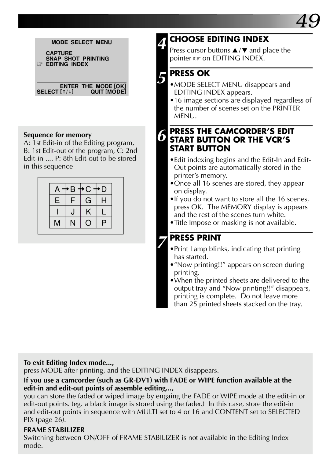 JVC GV-PT2U manual Choose Editing Index, Sequence for memory, To exit Editing Index mode 