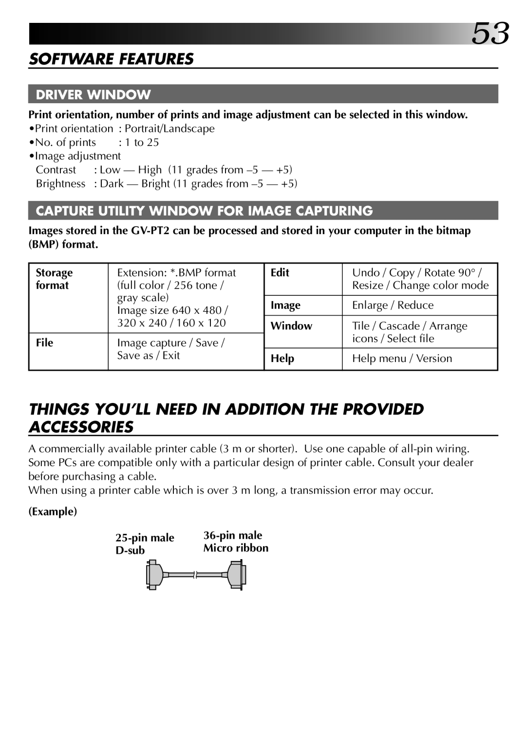 JVC GV-PT2U manual Edit, Format, Image, Window, File, Help, Example Pin male Sub 