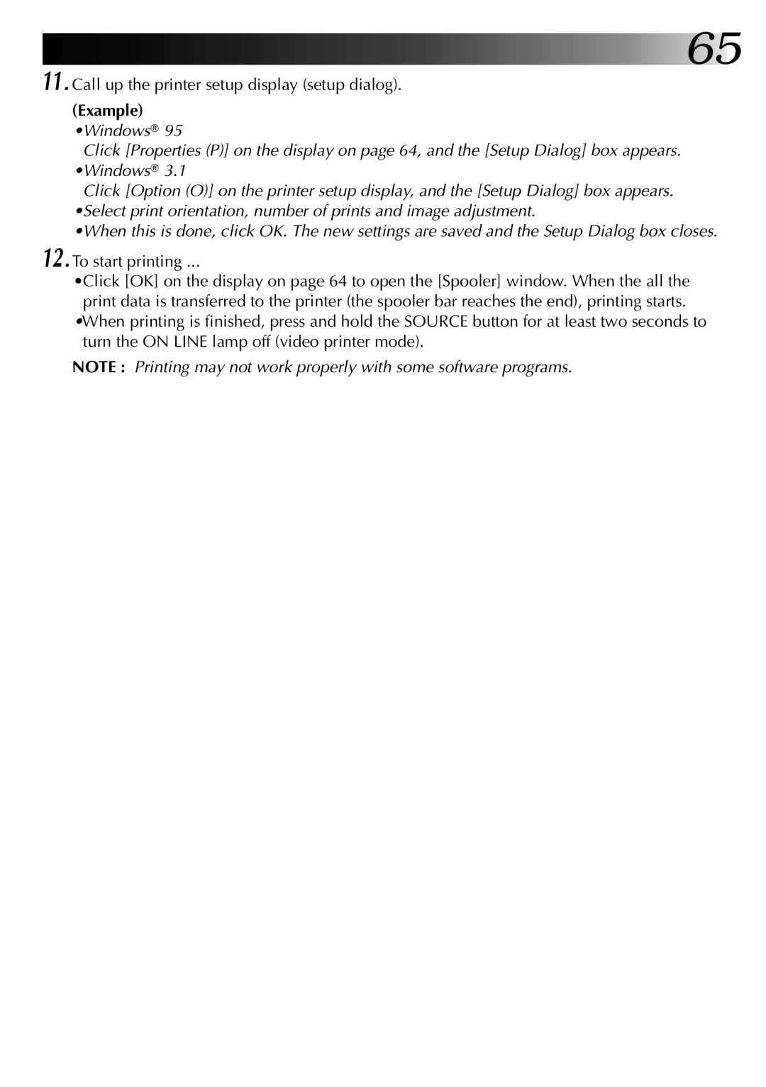 JVC GV-PT2U manual Call up the printer setup display setup dialog, To start printing 