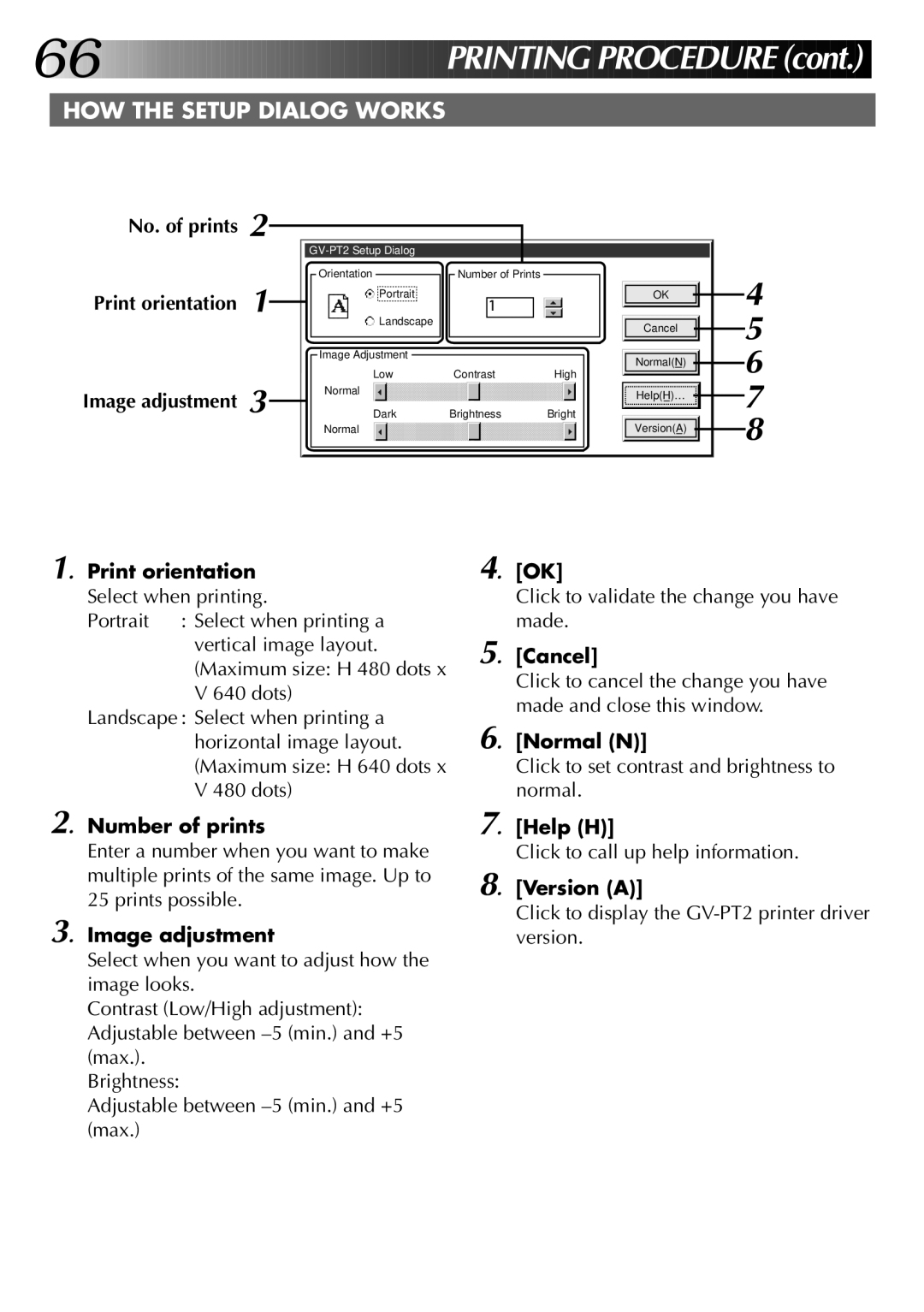 JVC GV-PT2U No. of prints Print orientation, Print orientation Select when printing, Number of prints, Image adjustment 