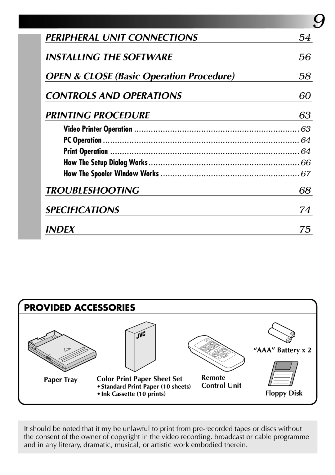 JVC GV-PT2U manual Paper Tray Color Print Paper Sheet Set Remote, Control Unit, Floppy Disk 