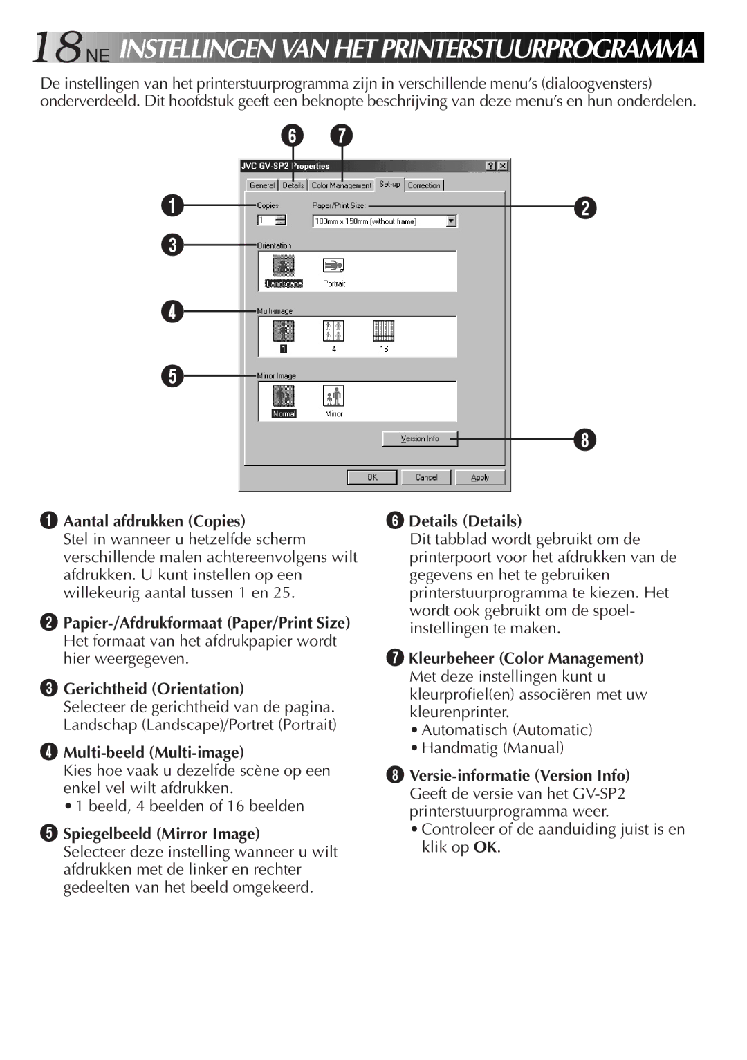 JVC GV-SP2 manual Aantal afdrukken Copies, Multi-beeld Multi-image, Spiegelbeeld Mirror Image, Details Details 