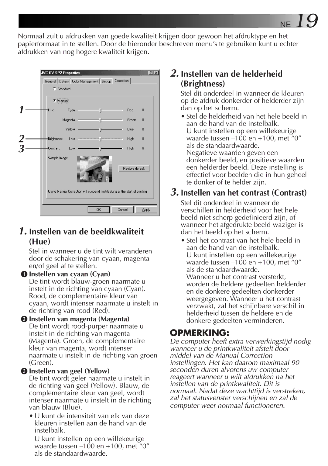 JVC GV-SP2 manual Instellen van cyaan Cyan, Instellen van magenta Magenta, Instellen van geel Yellow 