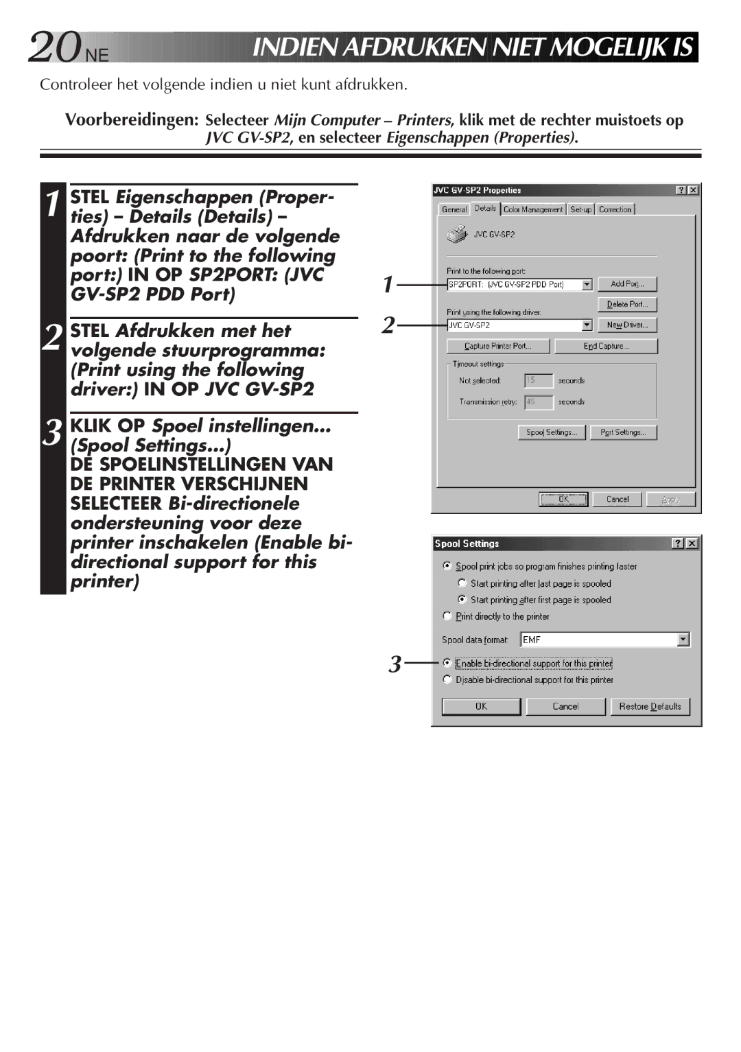 JVC GV-SP2 manual 20 NE, Indien AFD RU Kken N IET Mogelijk is 