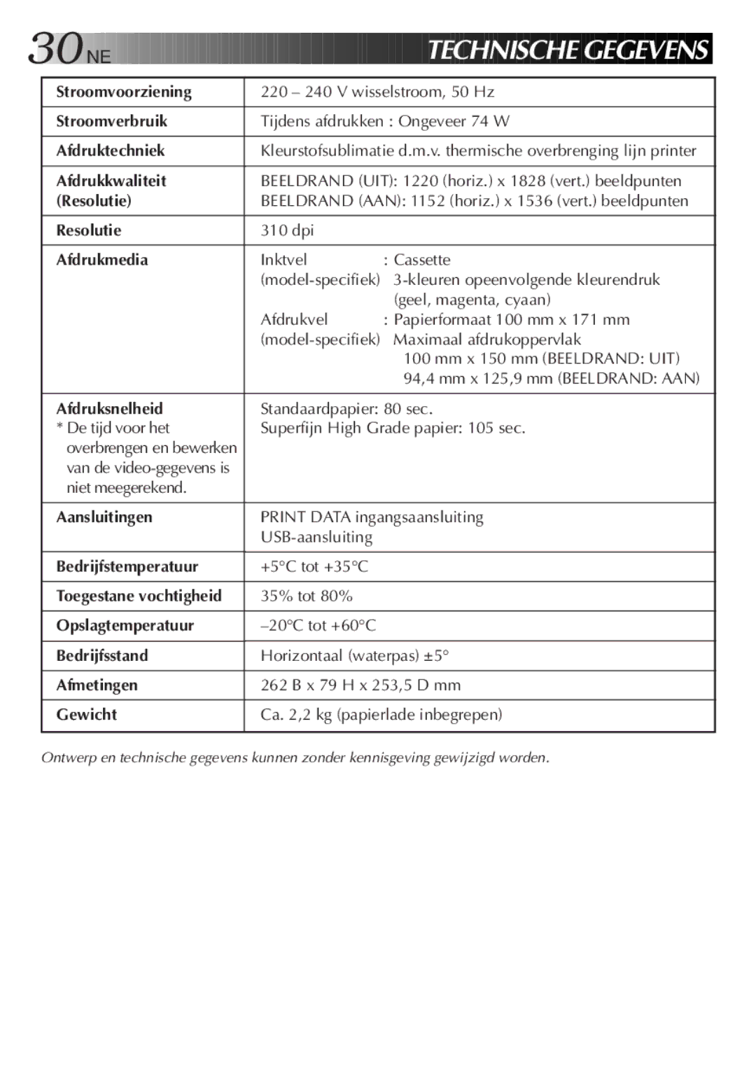 JVC GV-SP2 Stroomvoorziening, Stroomverbruik, Afdruktechniek, Afdrukkwaliteit, Resolutie, Afdrukmedia, Afdruksnelheid 