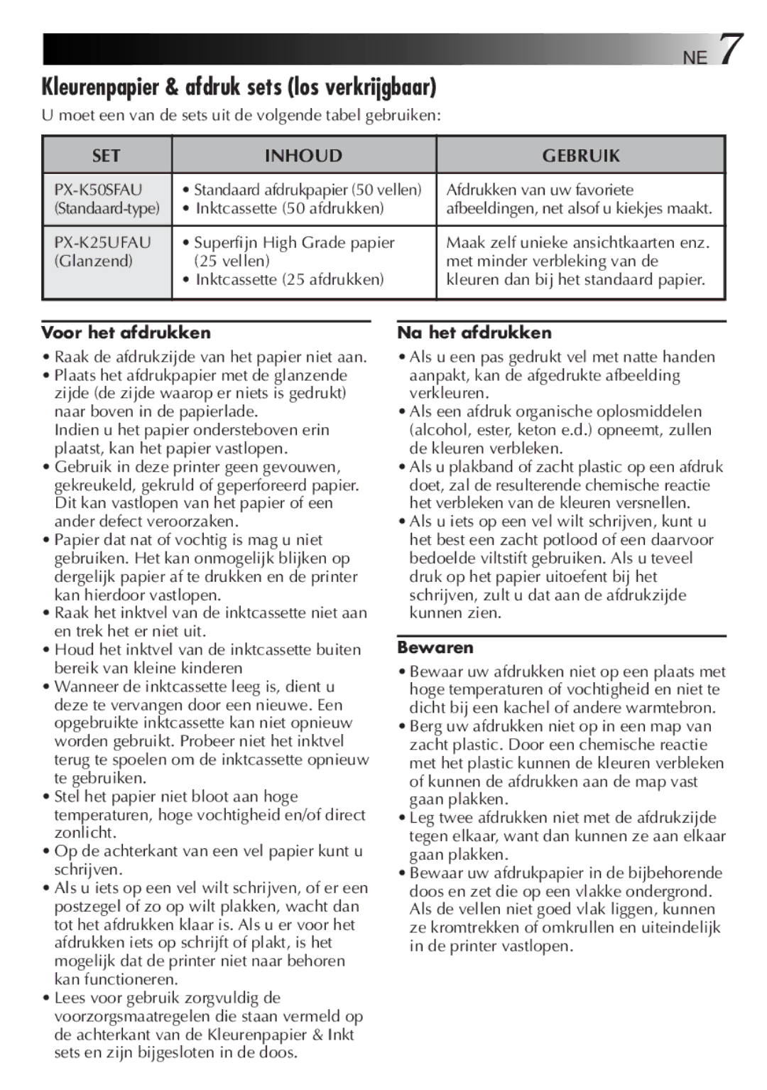 JVC GV-SP2 manual SET Inhoud Gebruik, Voor het afdrukken, Na het afdrukken, Bewaren 