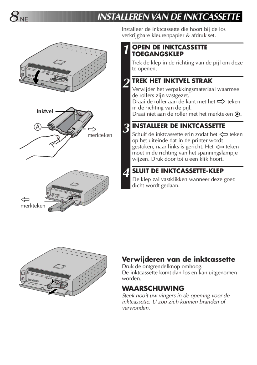 JVC GV-SP2 manual Open DE Inktcassette Toegangsklep, Trek HET Inktvel Strak, Installeer DE Inktcassette 