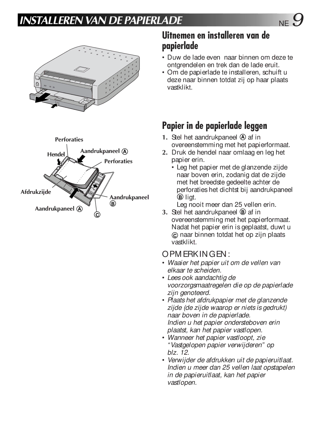 JVC GV-SP2 manual Installeren VAN DE Papierlade, Uitnemen en installeren van de papierlade, Papier in de papierlade leggen 