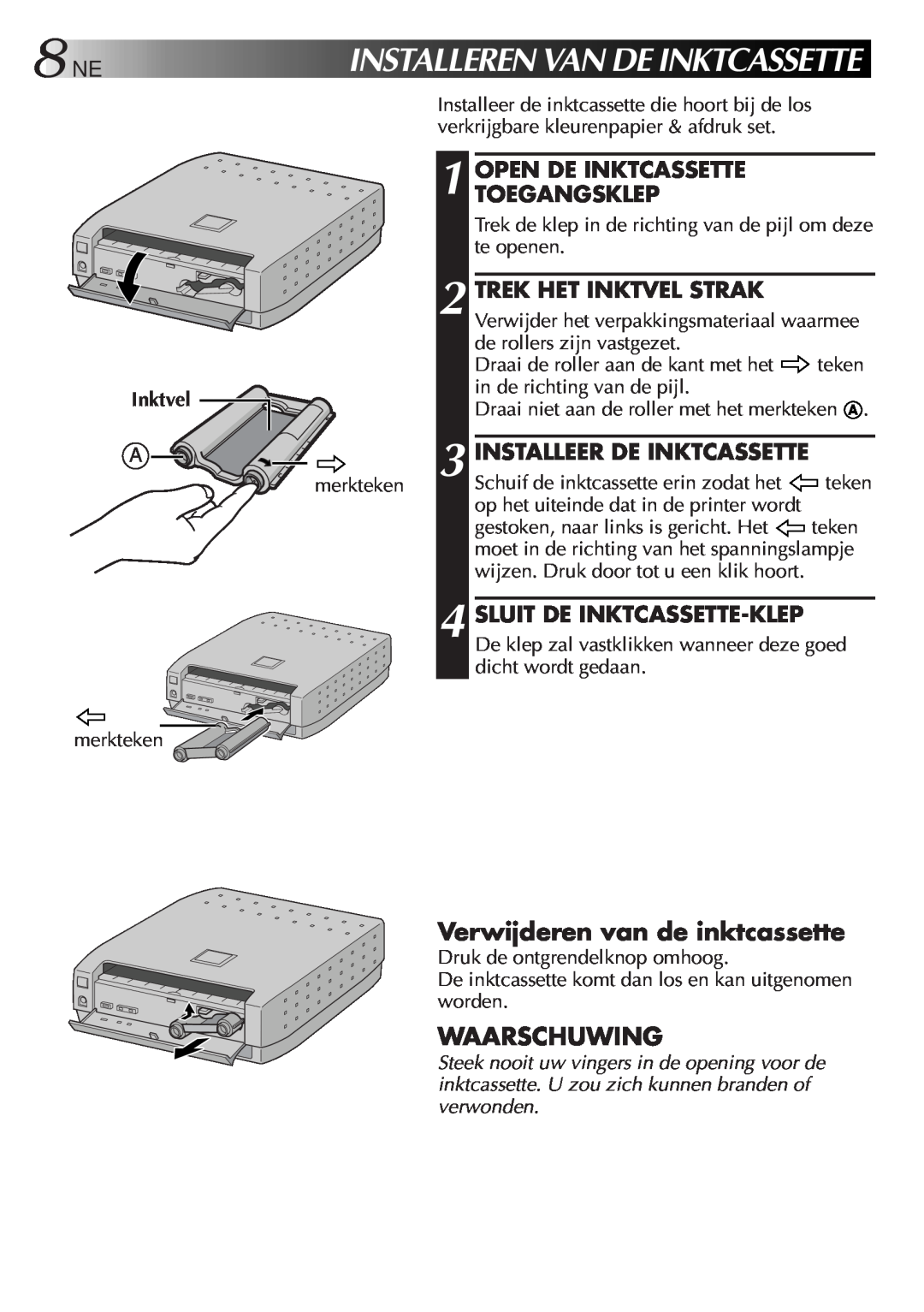 JVC GV-SP2 Installerenvandeinktcassette, Verwijderen van de inktcassette, Waarschuwing, Open De Inktcassette Toegangsklep 
