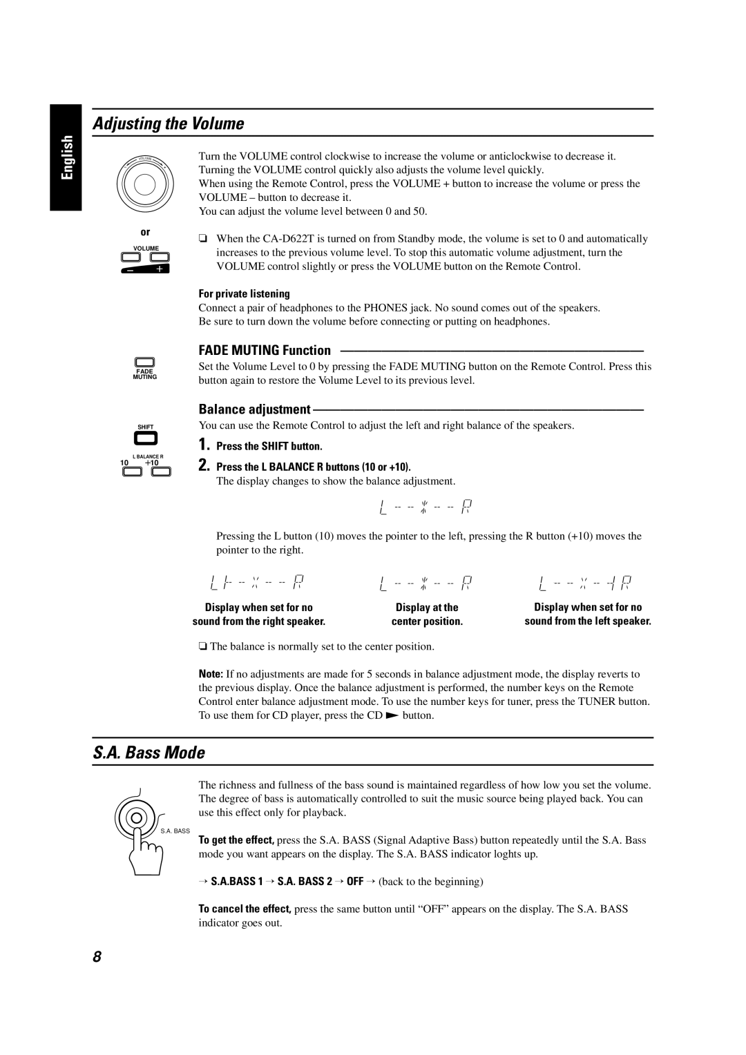 JVC GVT0001-002A manual Adjusting the Volume, Bass Mode, Balance adjustment, Fade Muting Function 