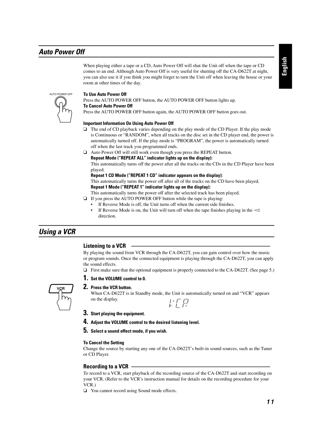 JVC GVT0001-002A manual Auto Power Off, Using a VCR, Listening to a VCR, Recording to a VCR 