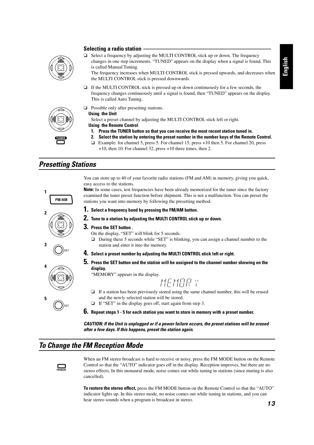 JVC GVT0001-002A Presetting Stations, To Change the FM Reception Mode, Selecting a radio station, Using the Remote Control 