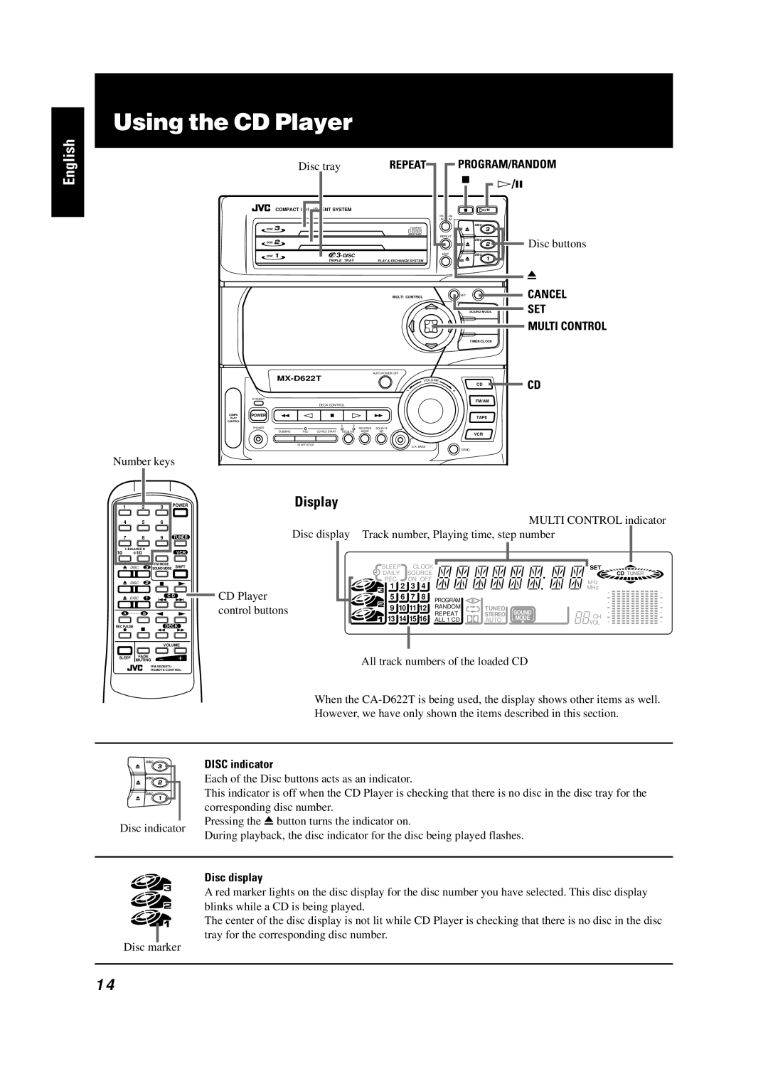 JVC GVT0001-002A manual Using the CD Player, Program/Random, Cancel, Disc indicator, Disc display 