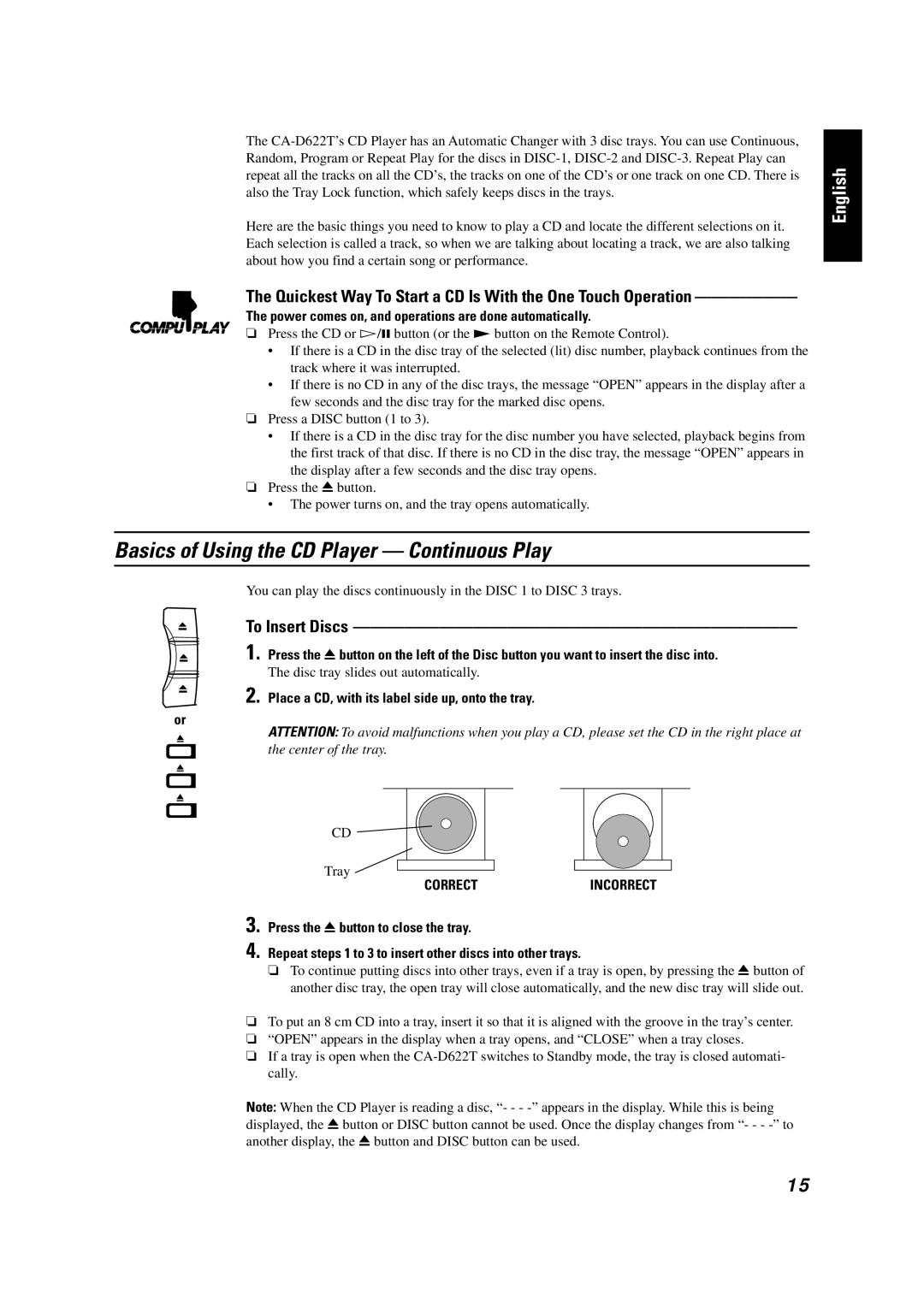 JVC GVT0001-002A manual Basics of Using the CD Player Continuous Play, To Insert Discs, Correctincorrect 