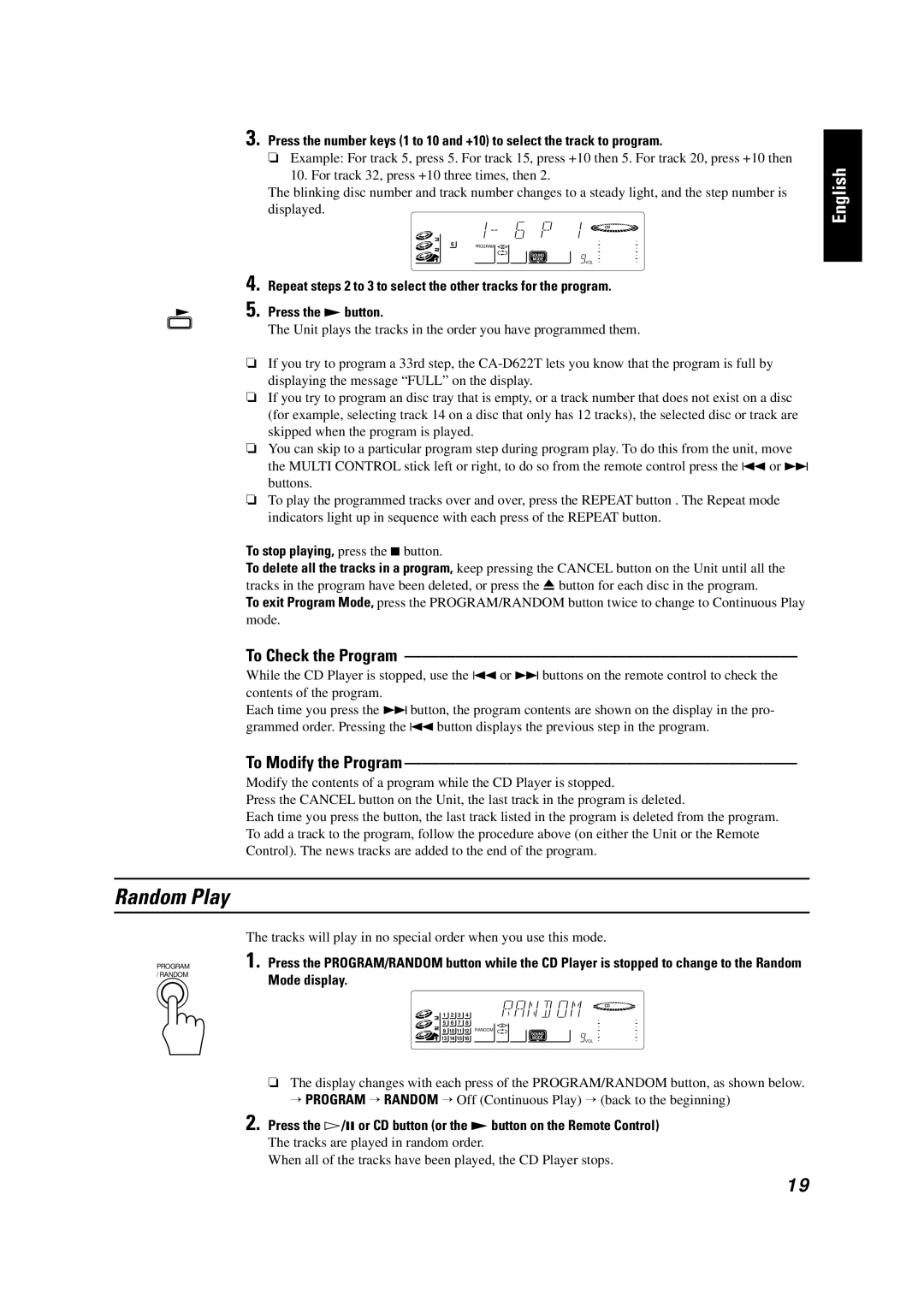 JVC GVT0001-002A manual Random Play, To Check the Program, To Modify the Program, To stop playing, press the 7button 